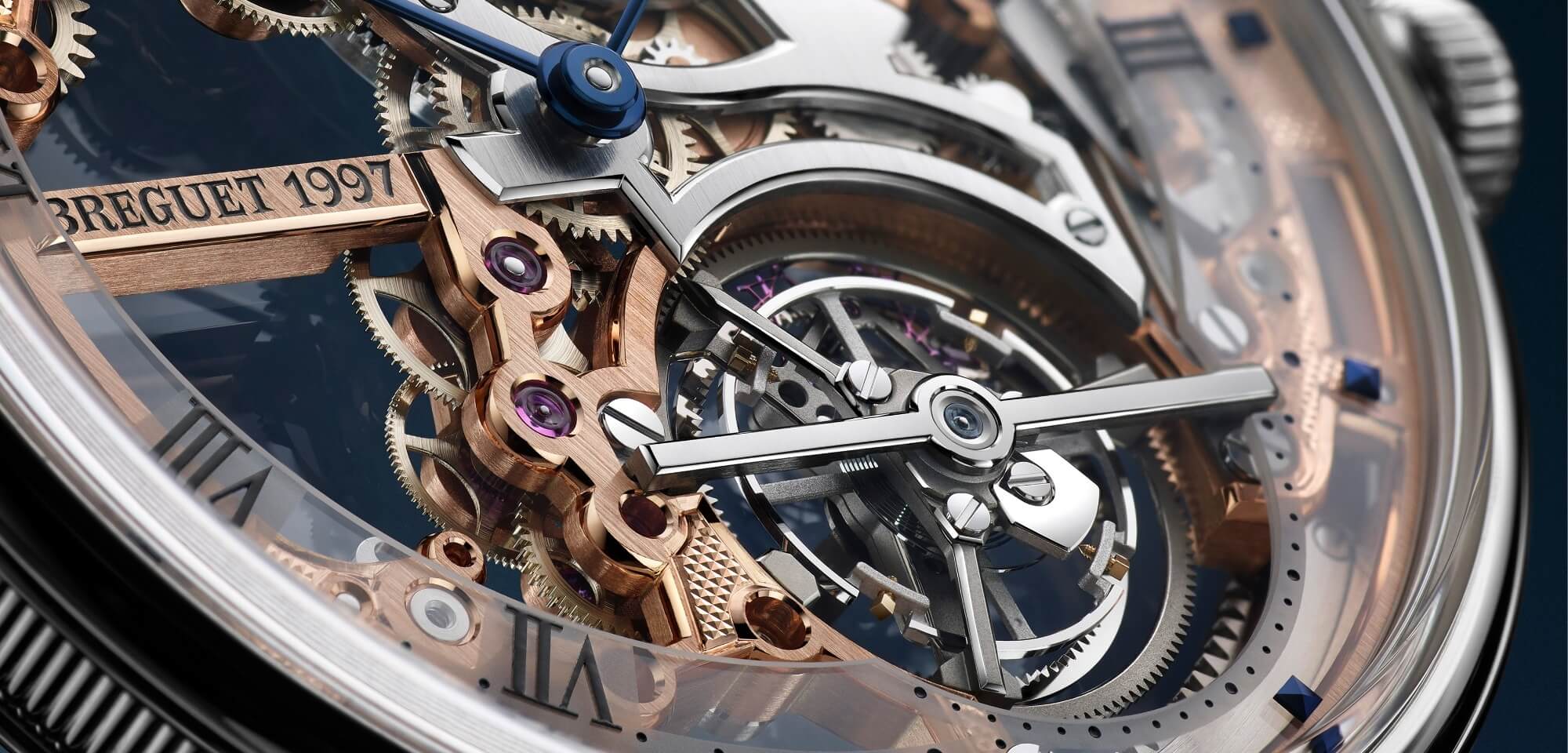 Close up of a Breguet timepiece with a tourbillion complication.