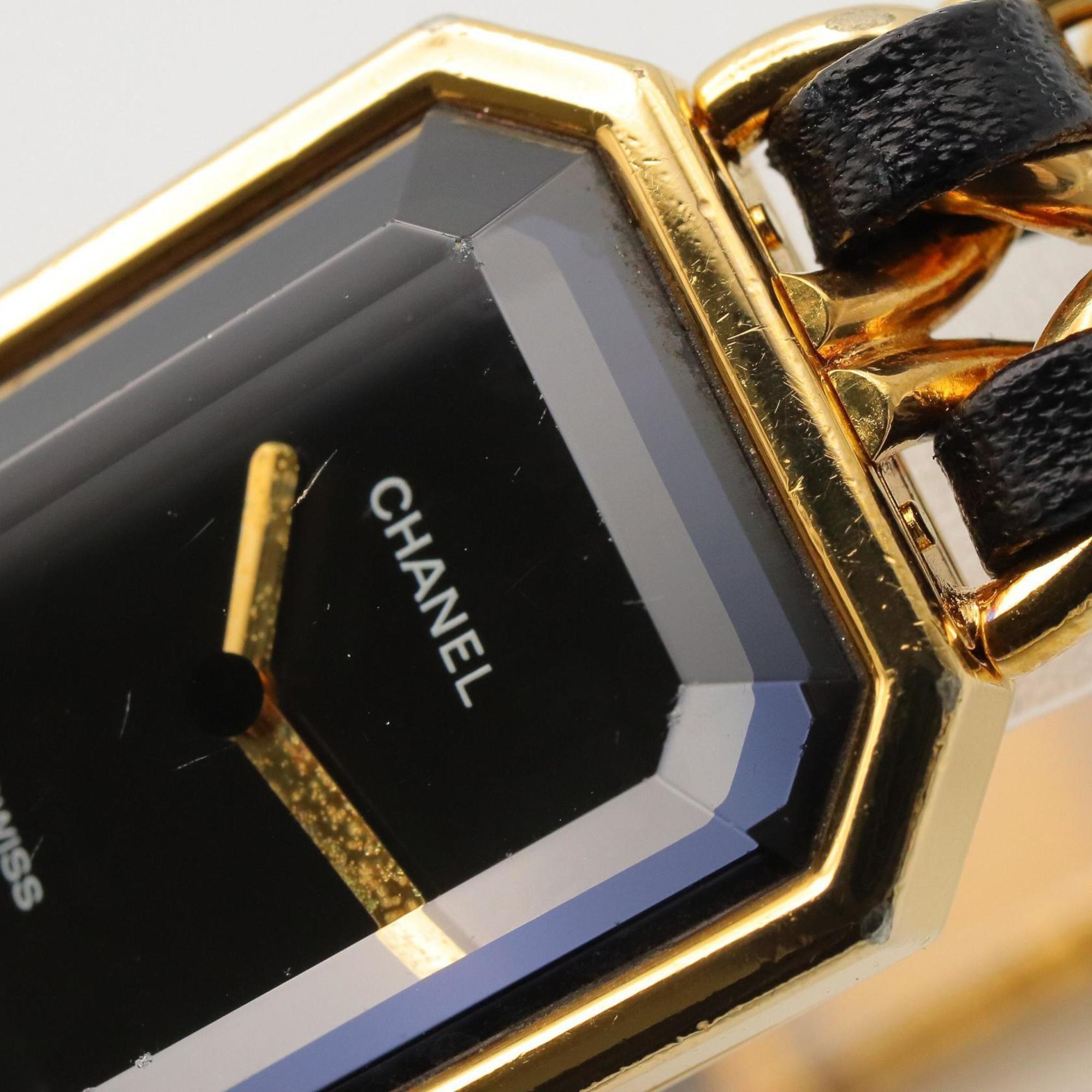 CHANEL Premiere M-horloge, verguld, met leren band, zwart, dames, H0001