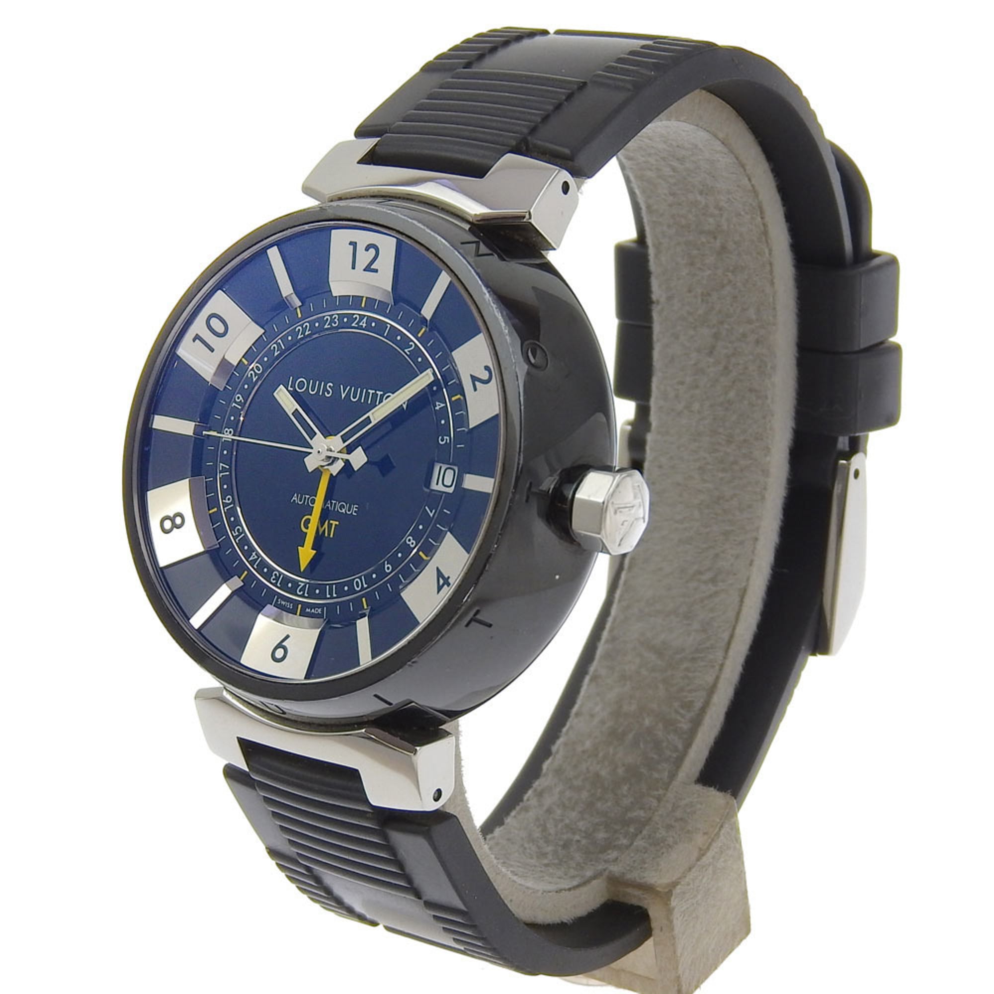 Louis Vuitton Tambour GMT Watch Q113K Stainless Steel x Rubber Automatic Black Dial Men's