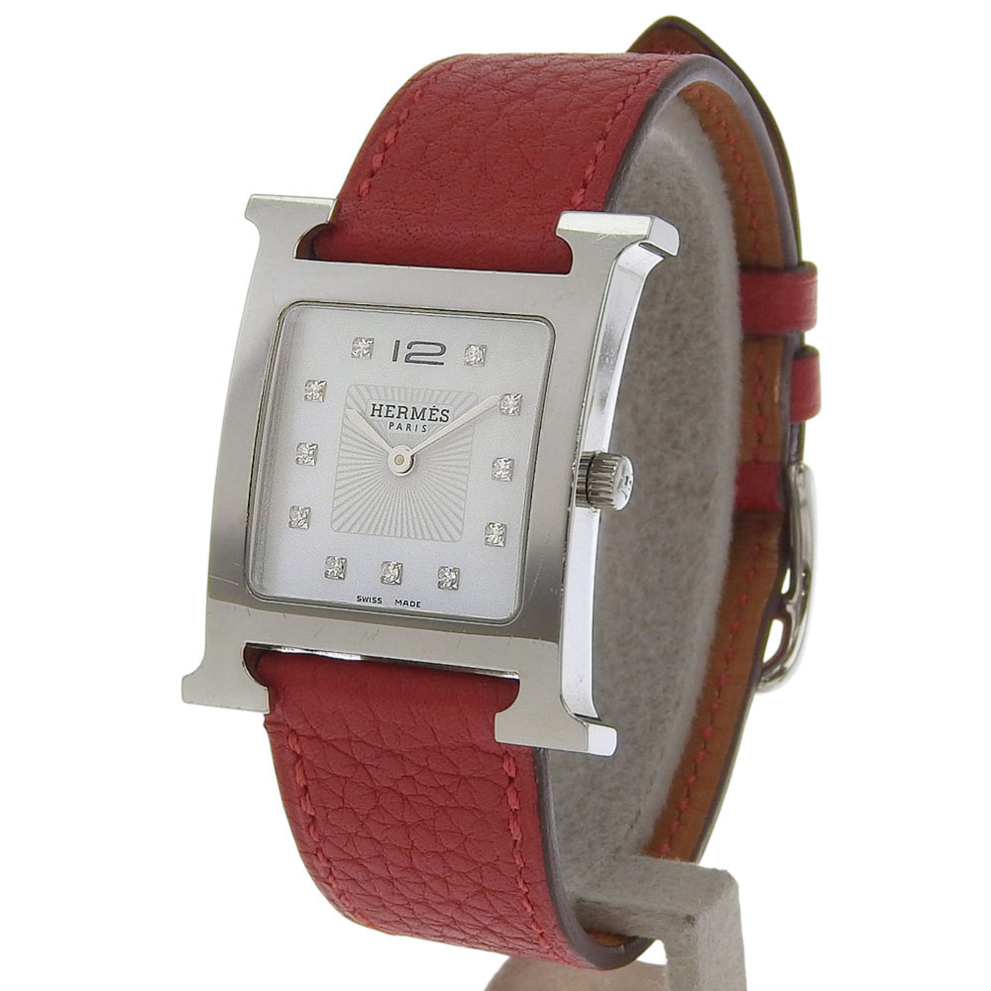 Hermès H Watch, 11-Diamond, HH1.510, Stainless Steel and Leather, 2014, Quartz Movement, Analog Display, White Shell Dial, Heure Watch for Women