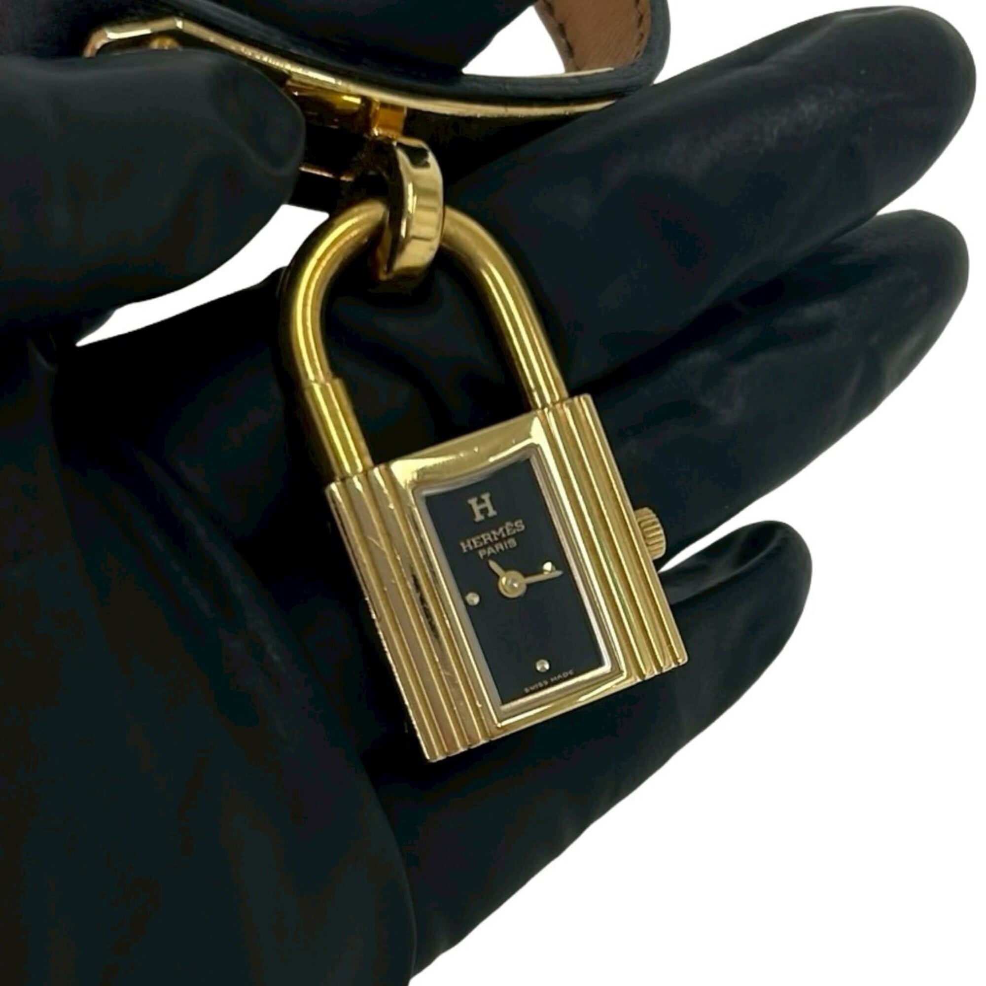 HERMES Vintage Kelly Leather Genuine GP Finish Wrist Black & Gold 82135