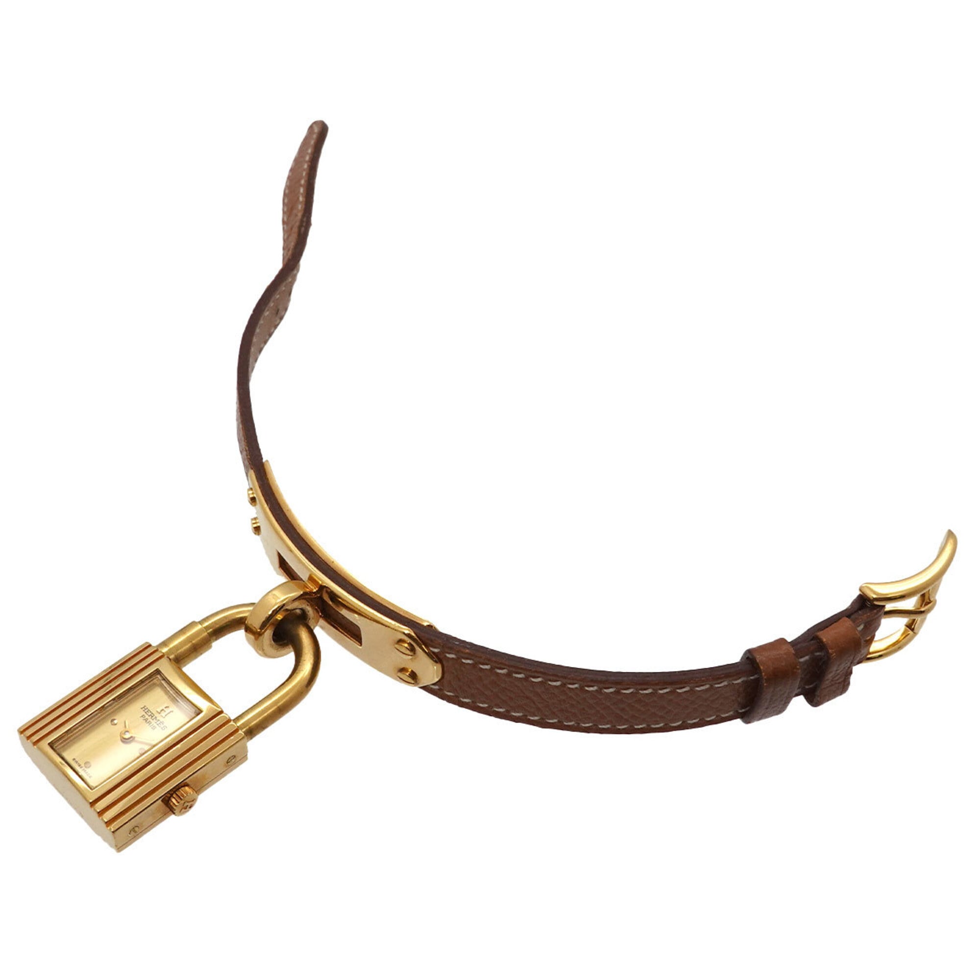 Hermes Kelly Watch, Ladies' Gold and Brown Quartz Watch with Padlock
