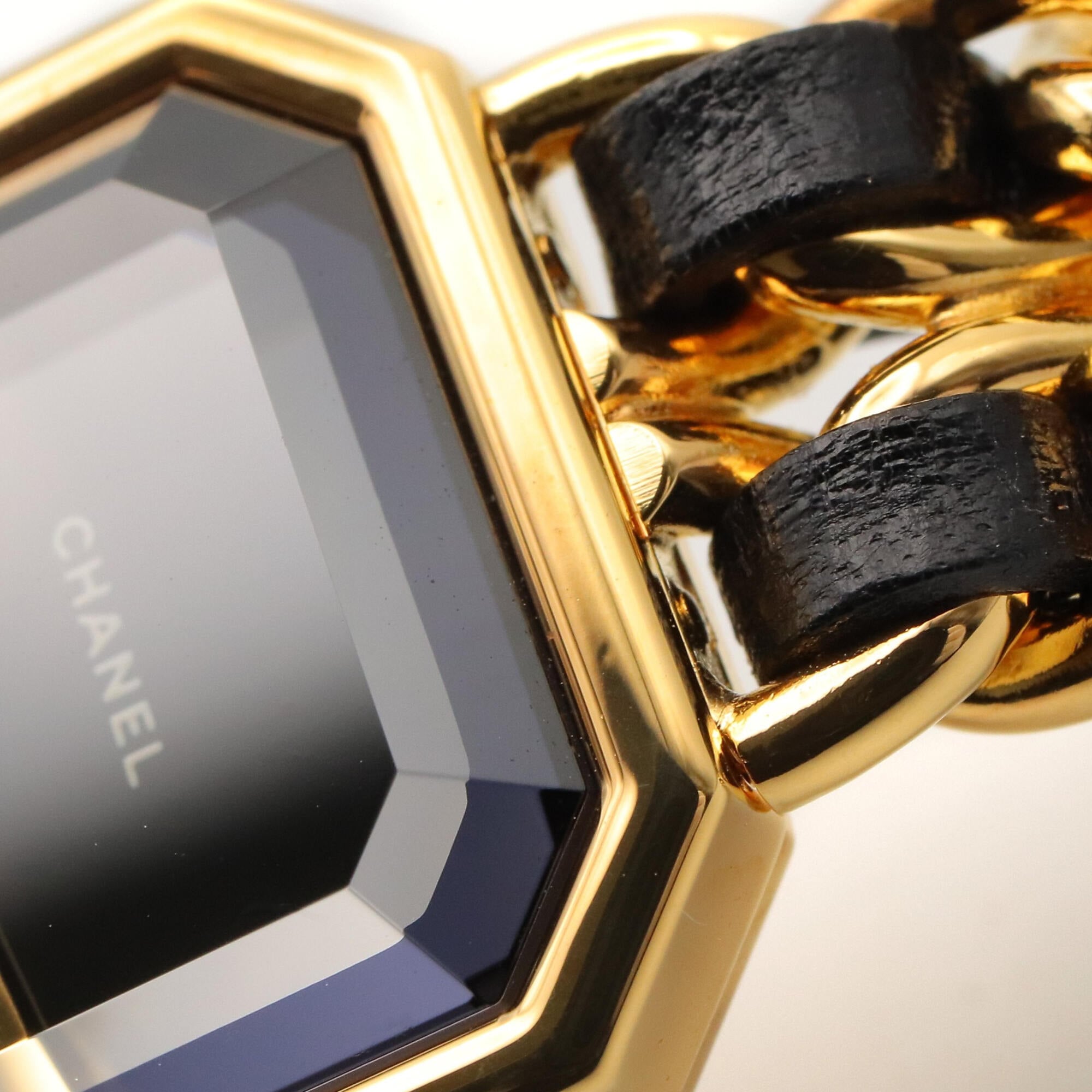 Montre-bracelet Chanel CHANEL Première M, plaquée or (GP), bracelet en cuir, pour femme, Noir, H0001