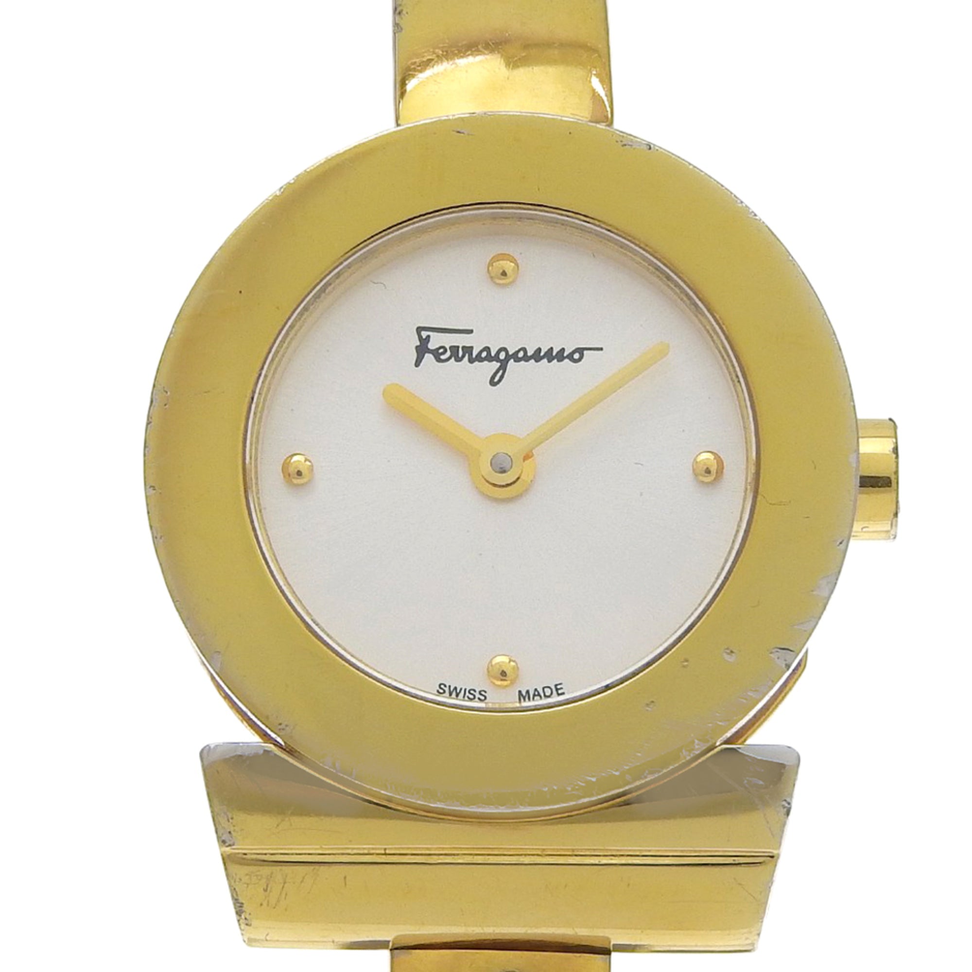 Salvatore Ferragamo Gancini Bangle Watch FQ5 Gold Plated Quartz Analog Silver Dial Women's