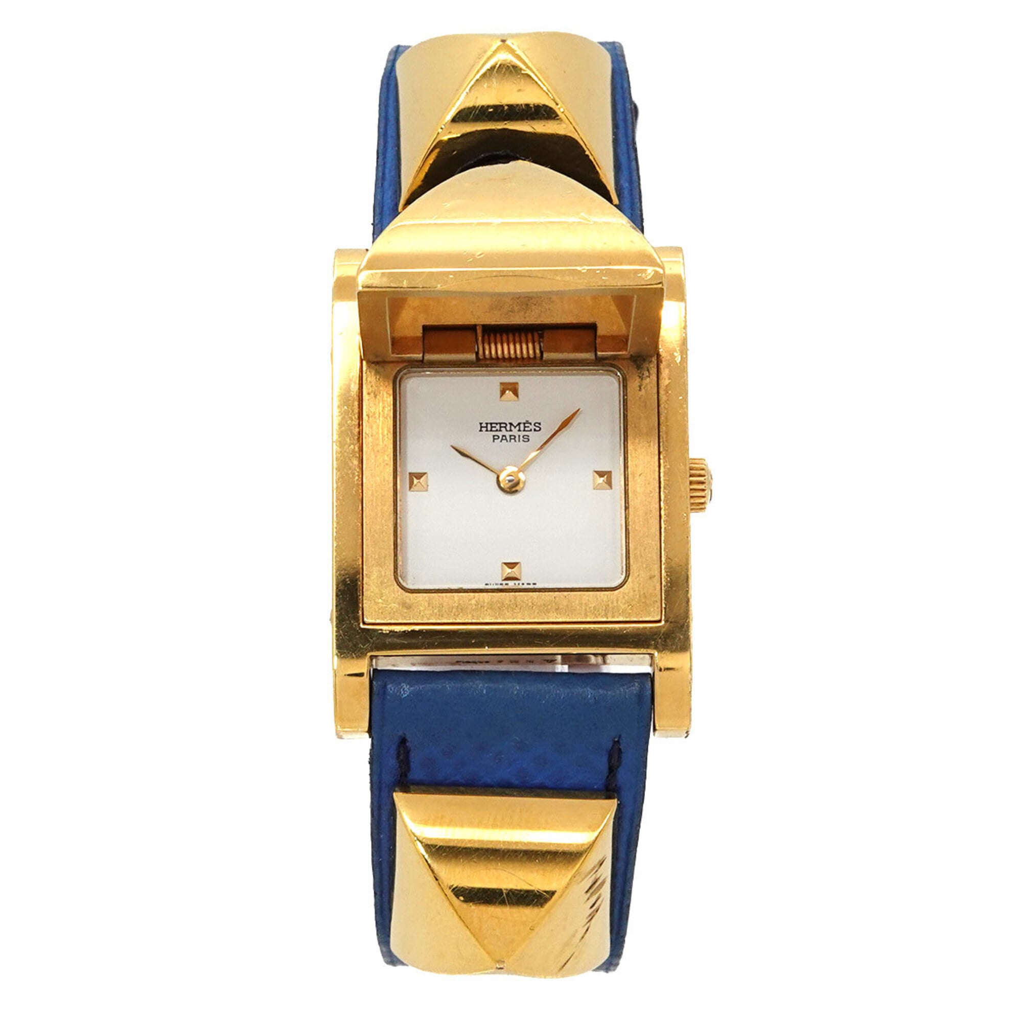 Hermes Medor Women's Watch, Pyramid Design, Gold Studs, White and Blue Leather Strap, Quartz Movement.