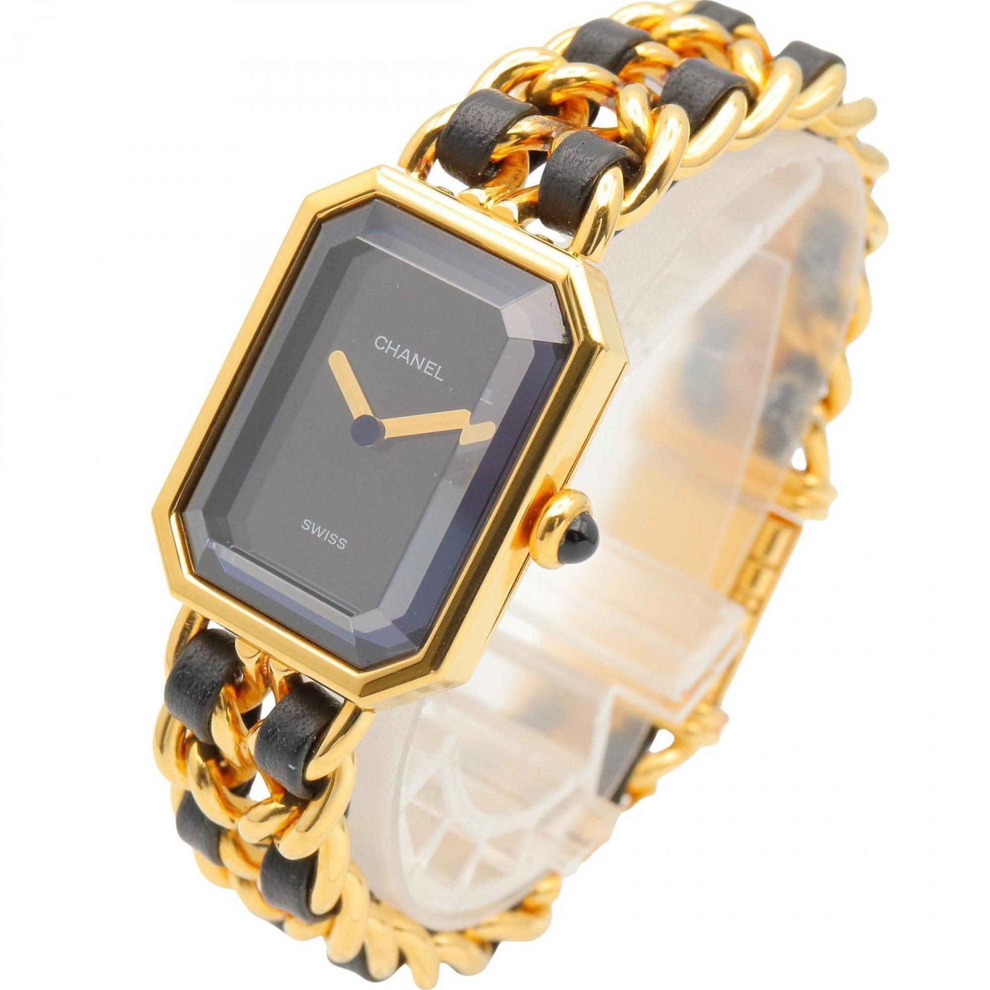 CHANEL Premiere M Watch, Gold-Plated, with Leather Strap, Black, Women's, H0001
