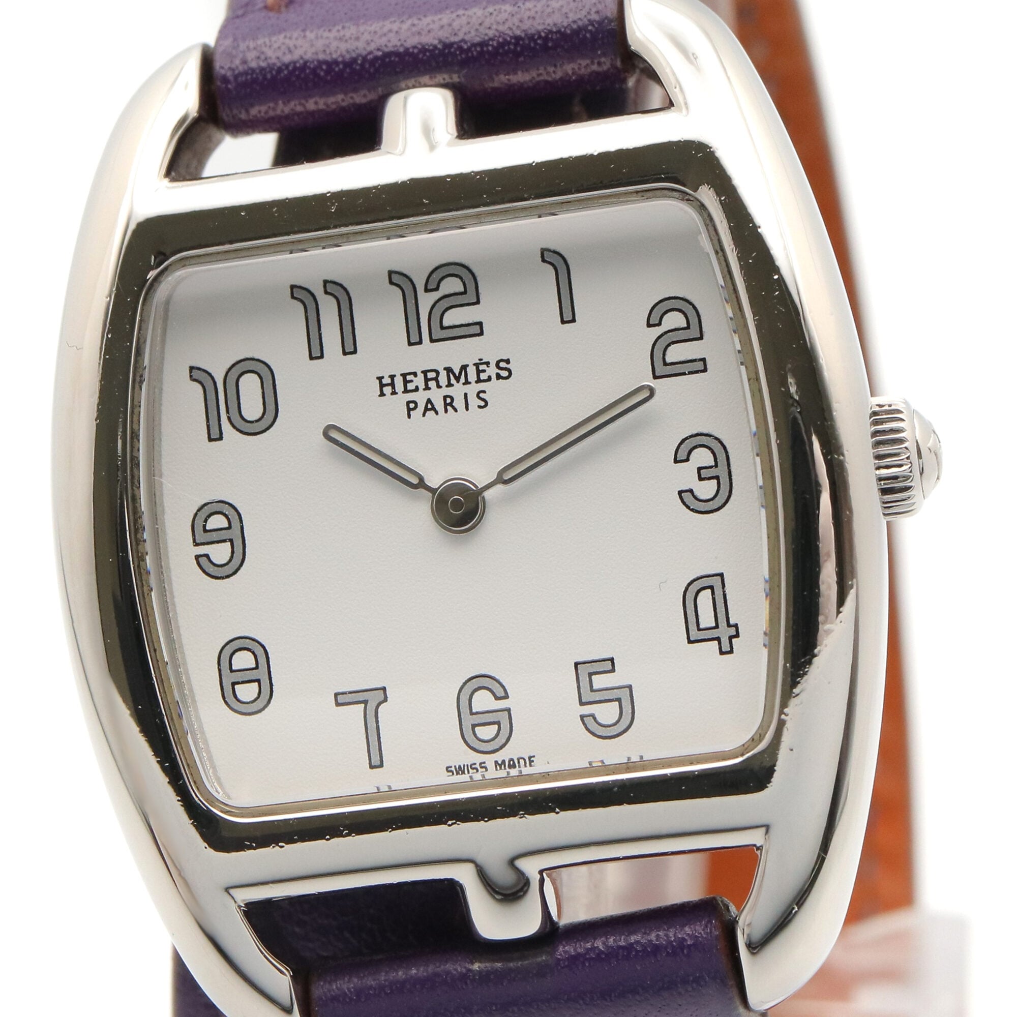 Montre Hermès Cape Cod Tonneau Double Tour, acier inoxydable, bracelet en cuir, pour femme, Blanc (CT1.210)