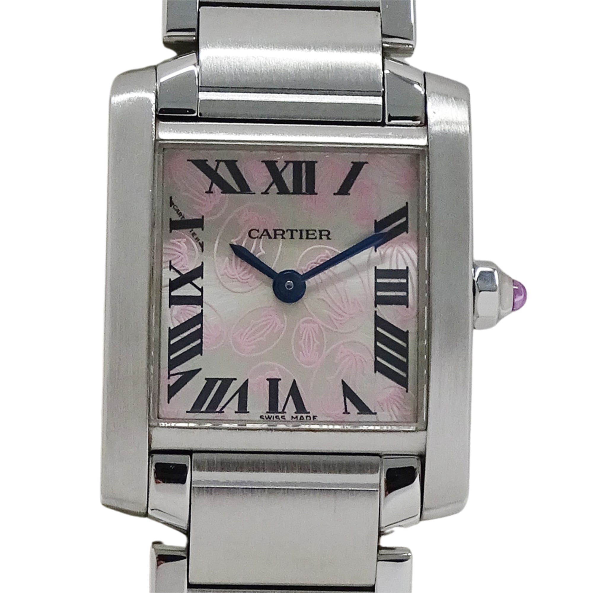 Cartier women's watch, Tank Française SM, 2006 Christmas limited edition, quartz movement, stainless steel (SS), W51031Q3, silver and pink.