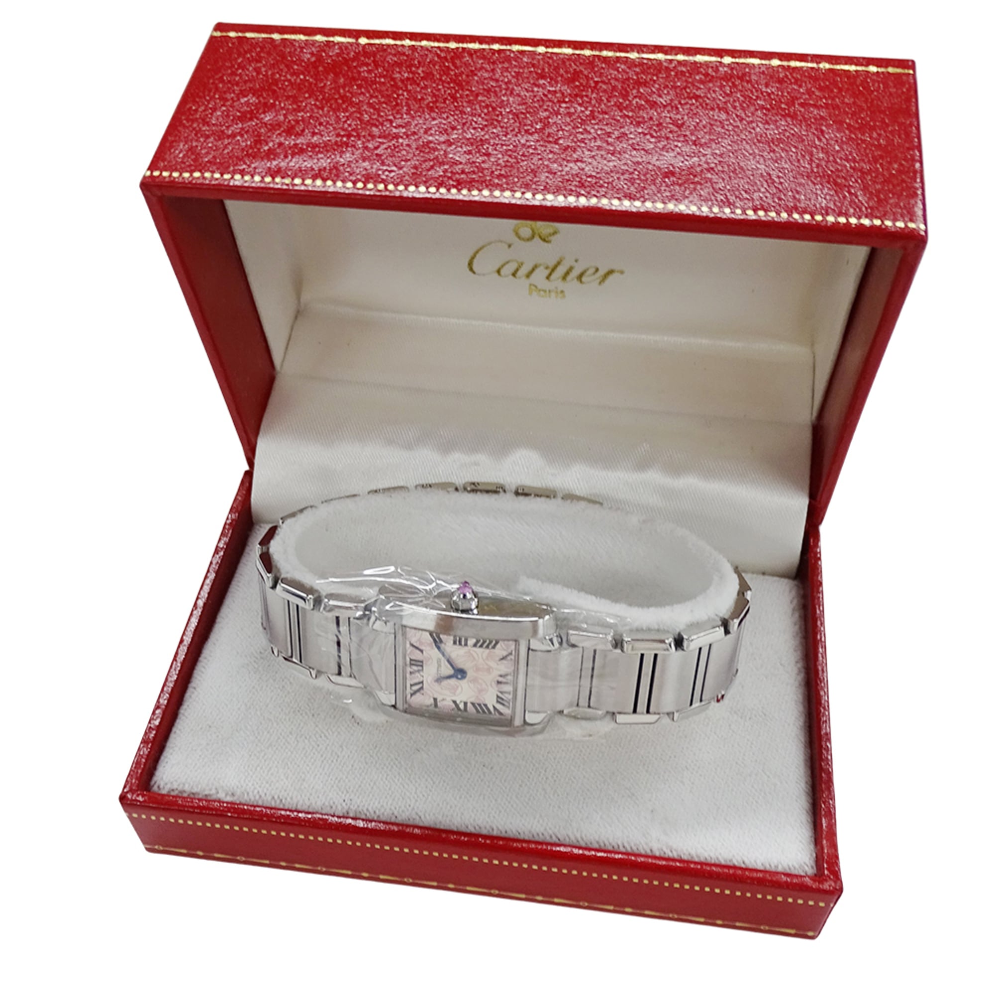 Cartier dameshorloge, Tank Française SM, beperkte kersteditie 2006, quartz uurwerk, roestvrij staal (SS), W51031Q3, zilver en roze.