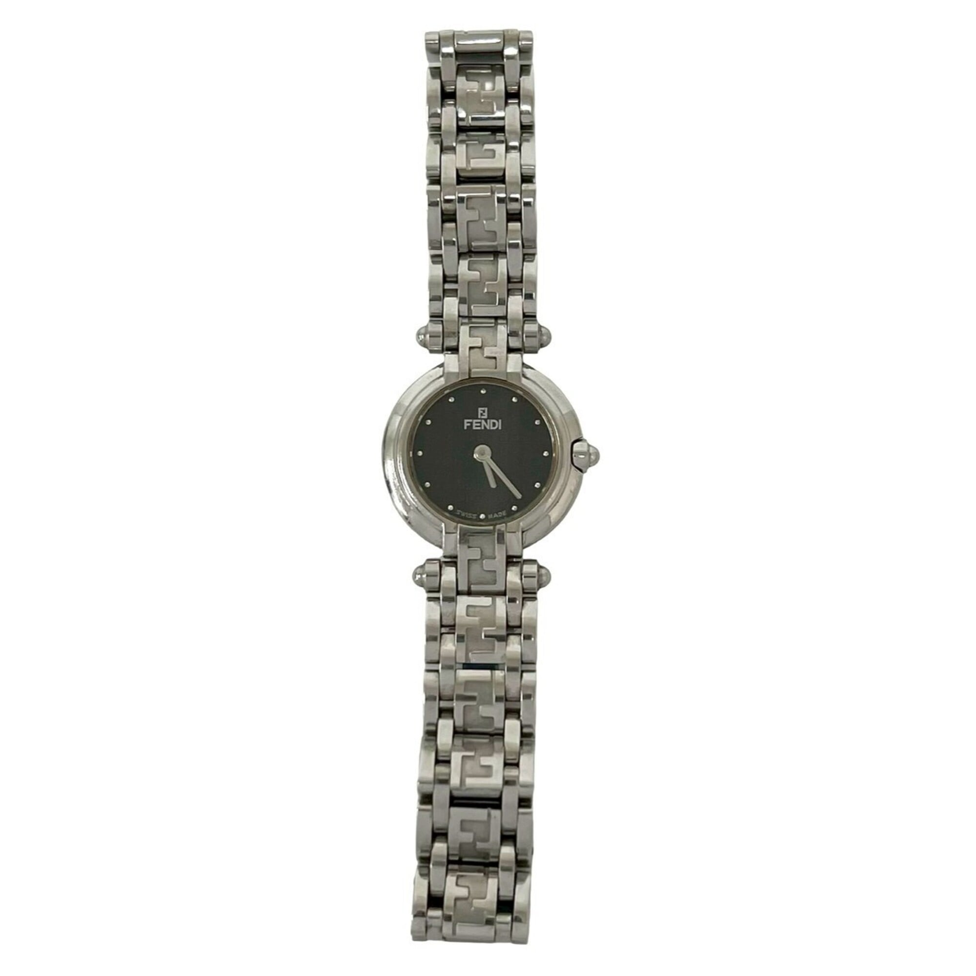 FENDI 750L Orologi FF Logo Stainless Steel Quartz Watch, Silver/Black, 39005