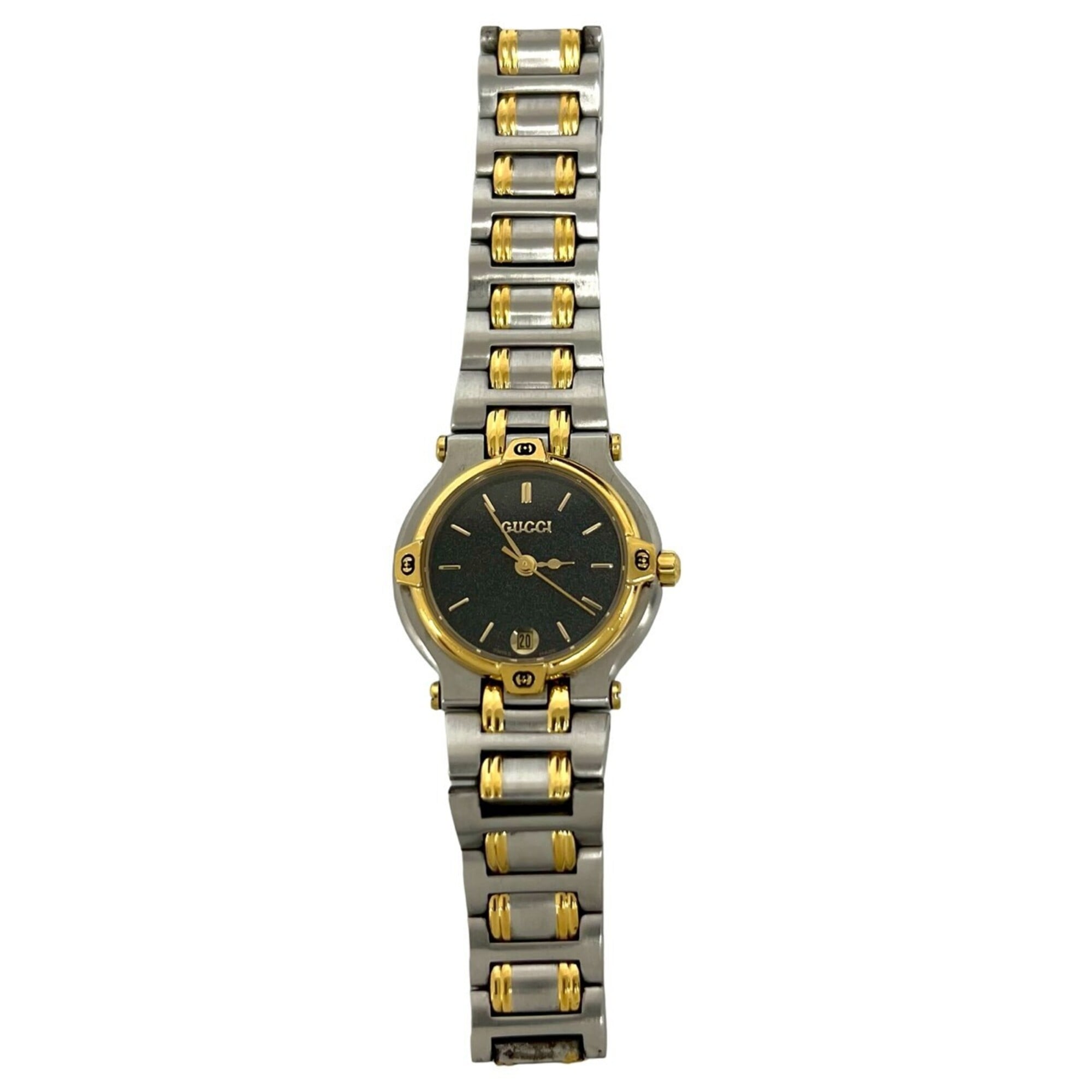 GUCCI 9000L Logo Engraved Stainless Steel Quartz Wrist Silver/Gold 377