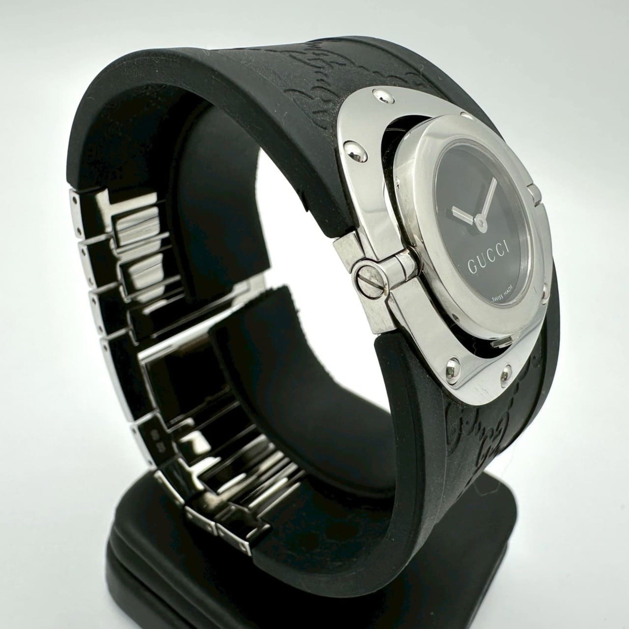 GUCCI Toile-armbandhorloge 112 GG, rubber, quartz, zwart, dames