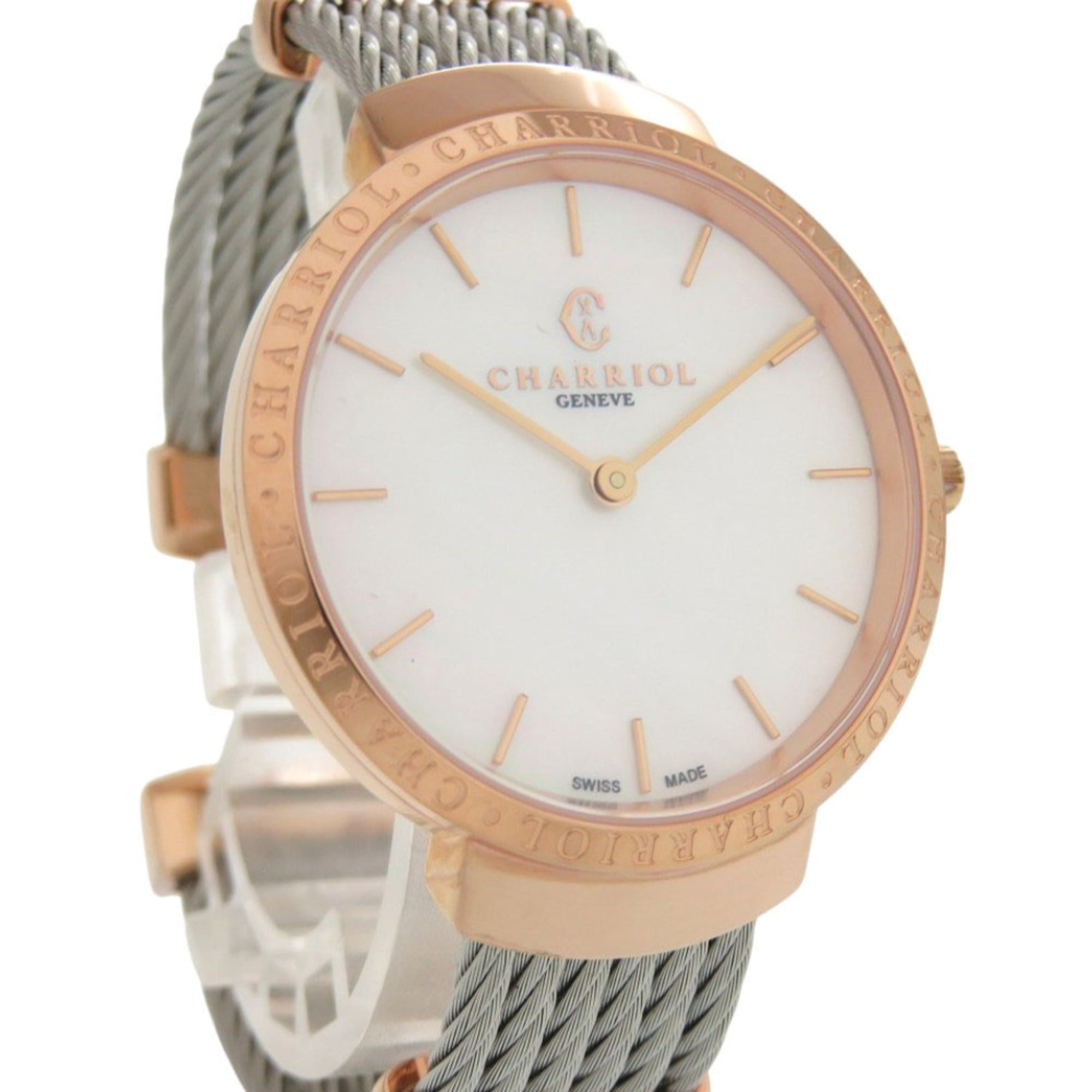 Unused Charriol Saint-Tropez Stainless Steel White Shell with Dial and Pink Gold Quartz Wristwatch 0595 CHARRIOL