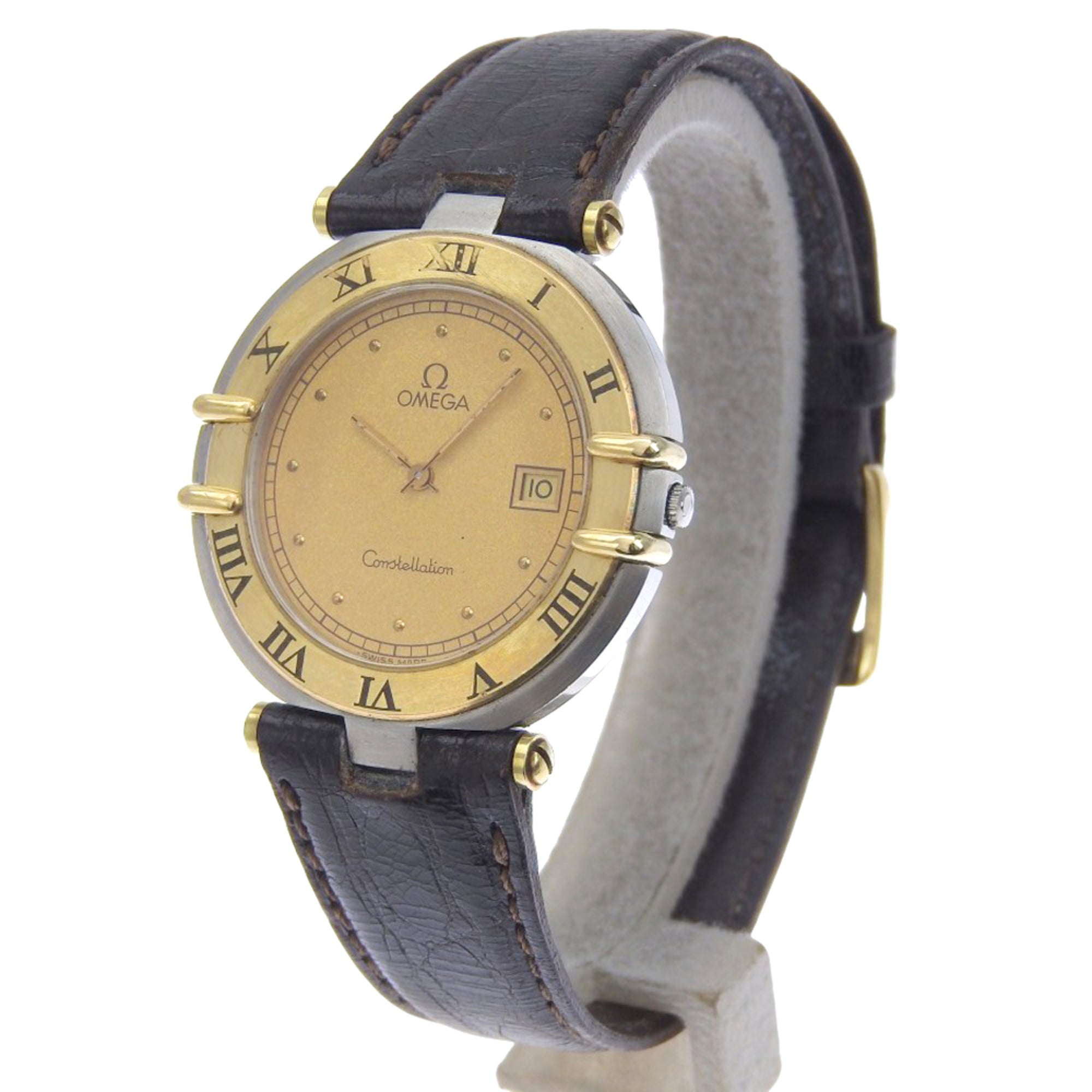 OMEGA Constellation Women's Watch, Stainless Steel and Leather, Quartz Movement, Analog Display, Gold Dial