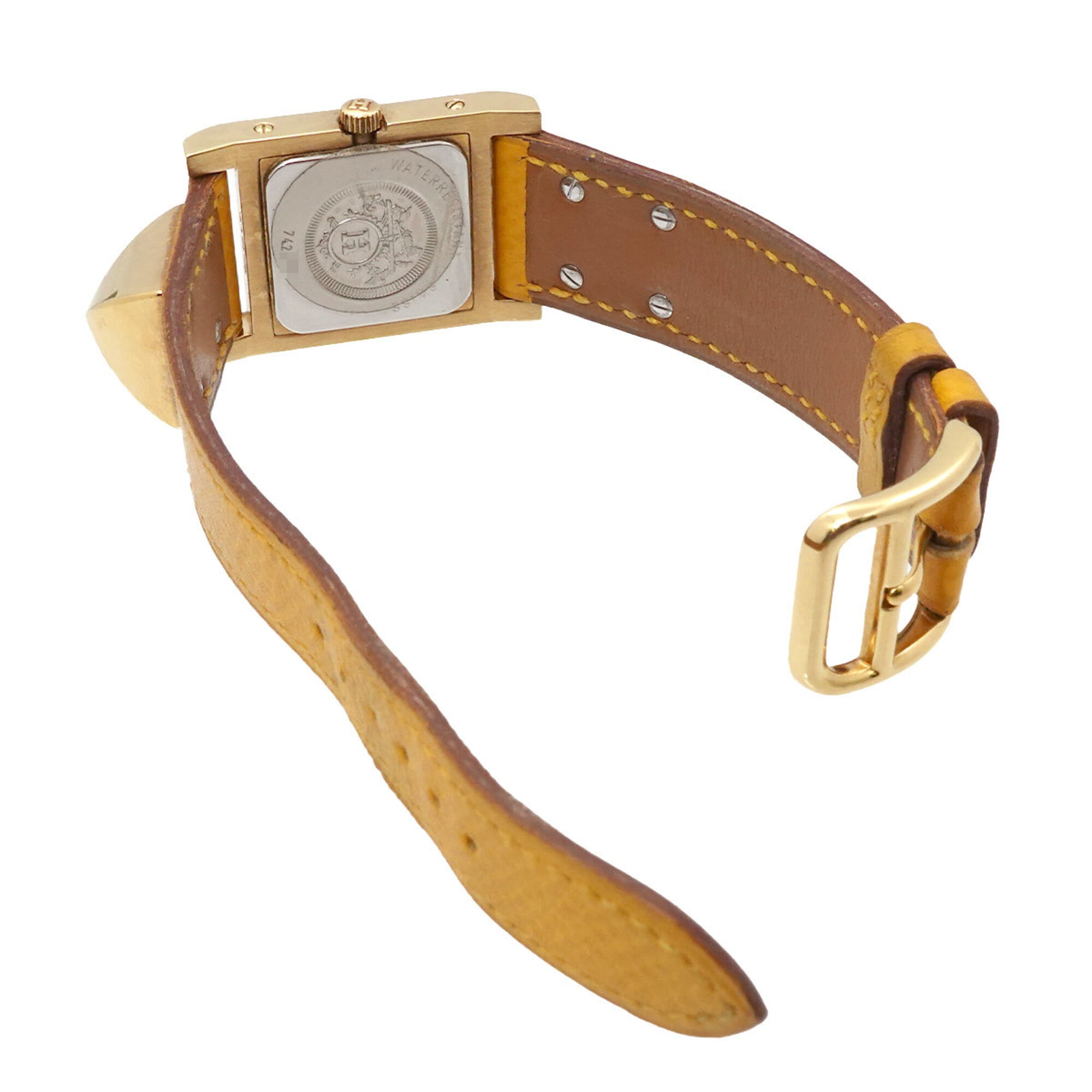 Hermes Medor Women's Watch, Pyramid Design, Gold Studs, White and Yellow Leather Strap, Quartz Movement.