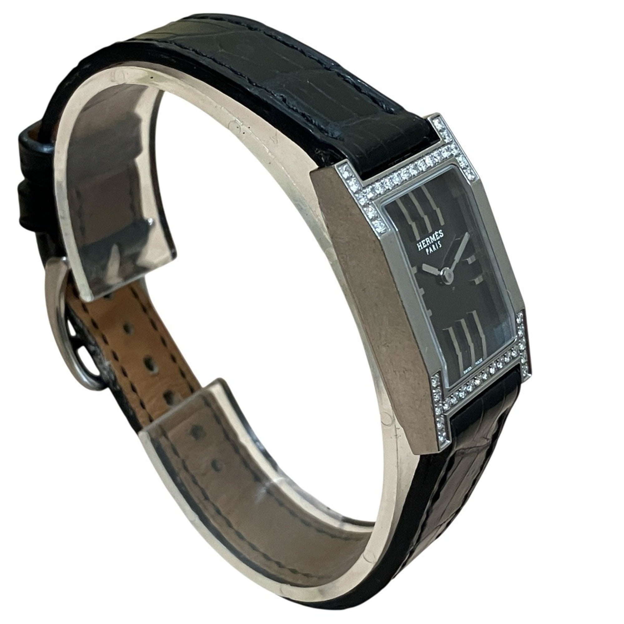 Hermes HERMES Dandem Diamond-Set Bezel Watch, Total Weight 20.8g, Stainless Steel, Genuine Leather Strap, Quartz Movement, Black Dial, TA1.230