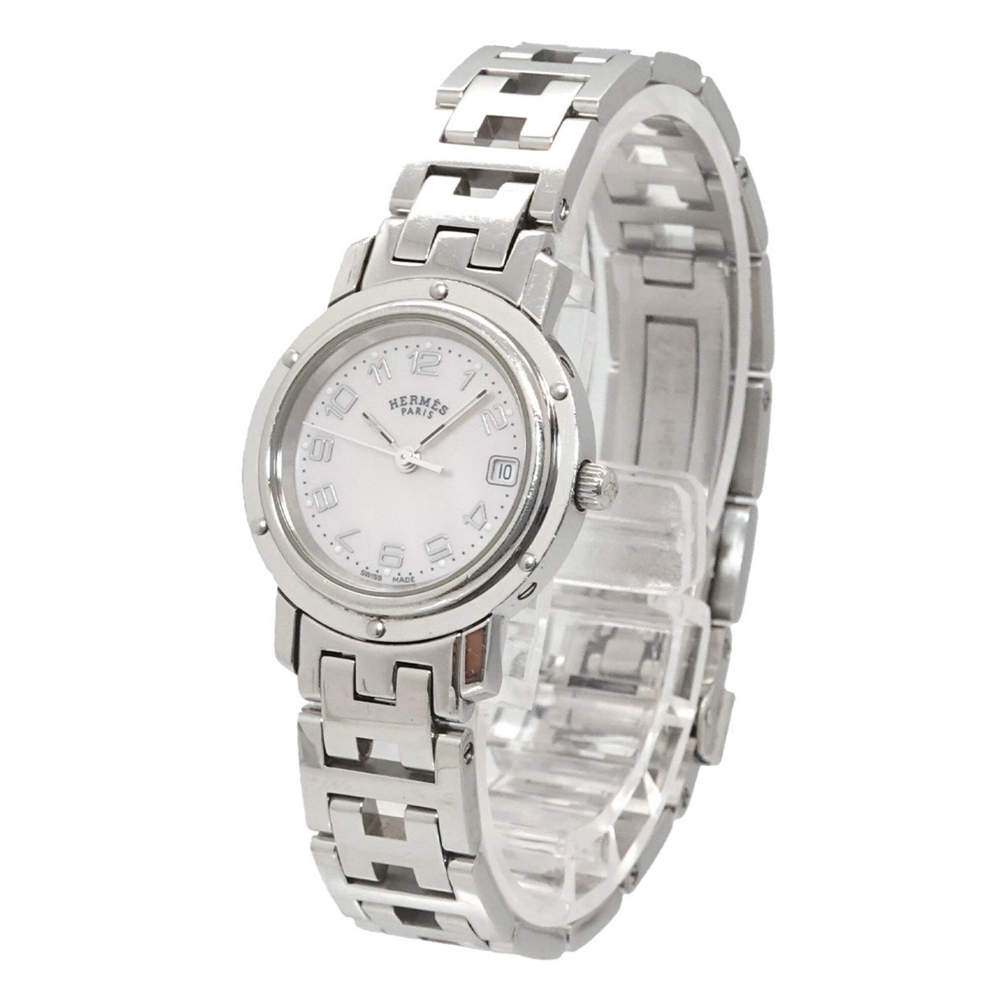 Hermes Clipper Nacre CL4 210 Wo Date Display Pink Shell Quartz