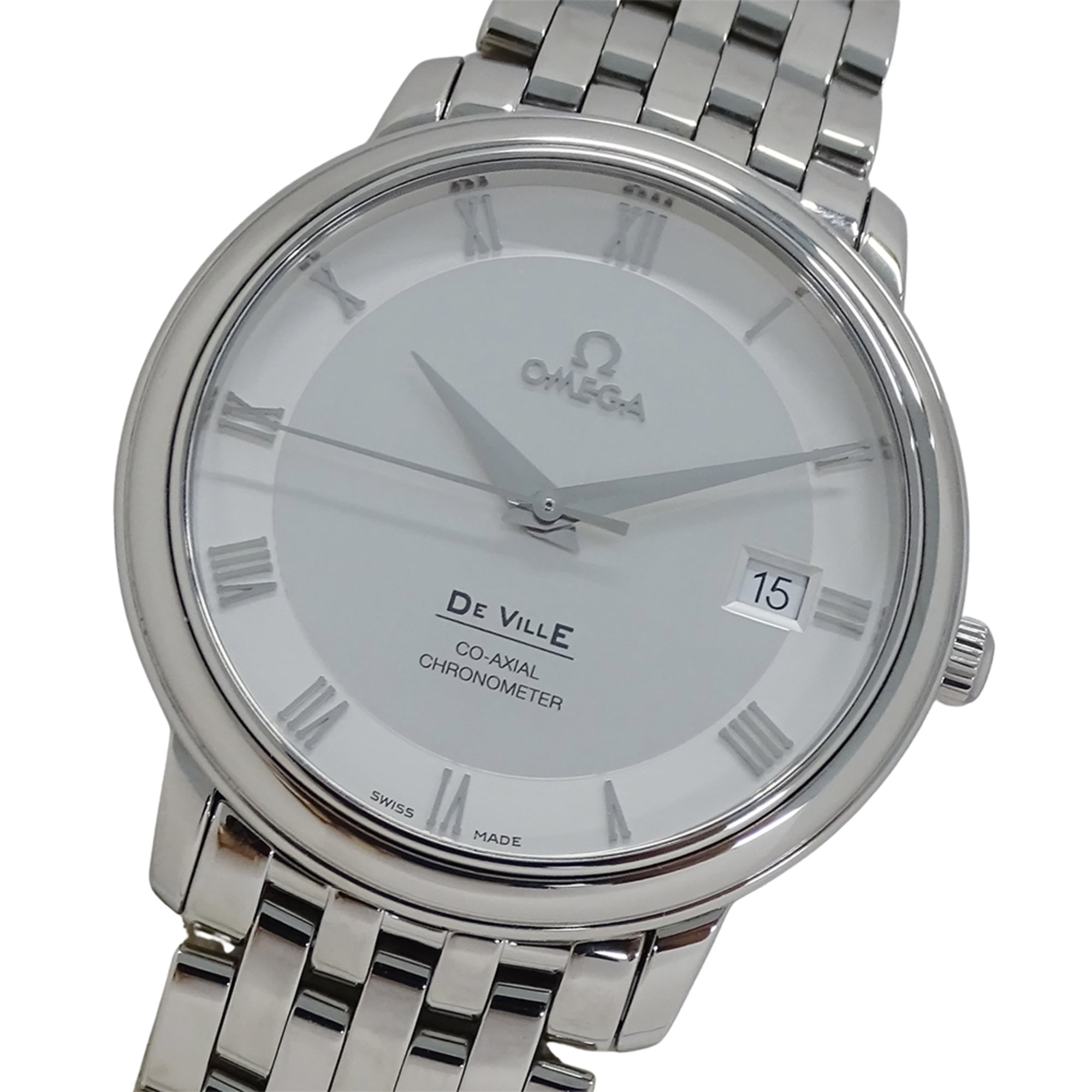 Omega De Ville Prestige 4574.31 Men's Watch, Brand Name, Date, Co-Axial Chronometer, Automatic, Stainless Steel (SS), Silver, Polished.