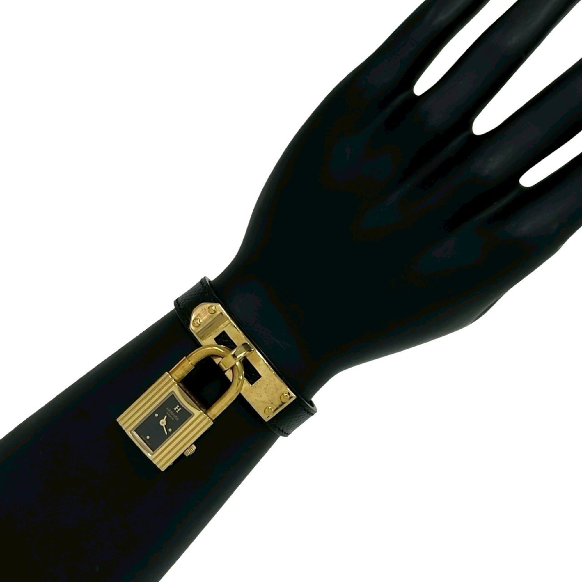 HERMES Vintage Kelly Leather Genuine GP Finish Wrist Black & Gold 82135