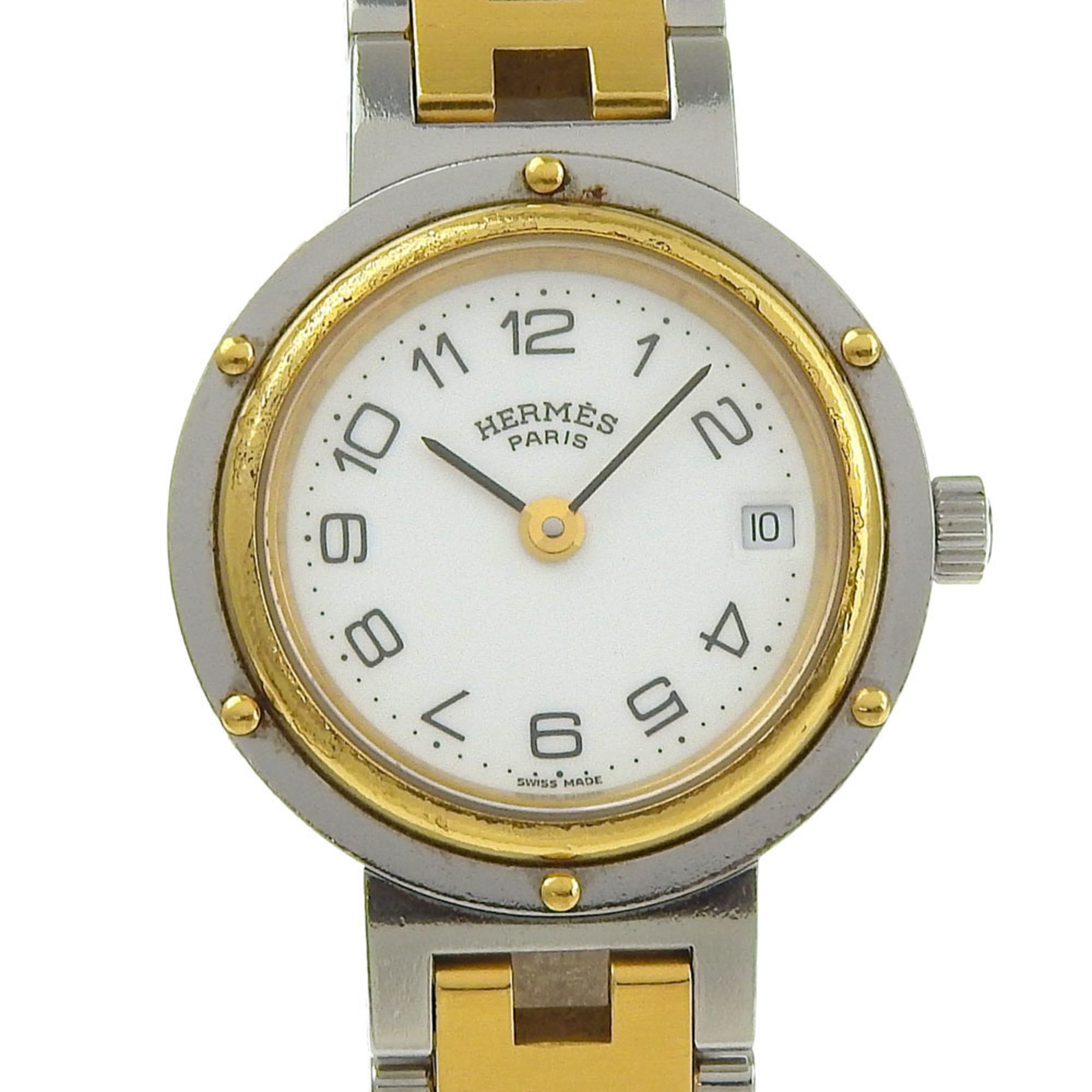 Hermes Clipper watch, stainless steel, quartz, analog display, white dial, women's.