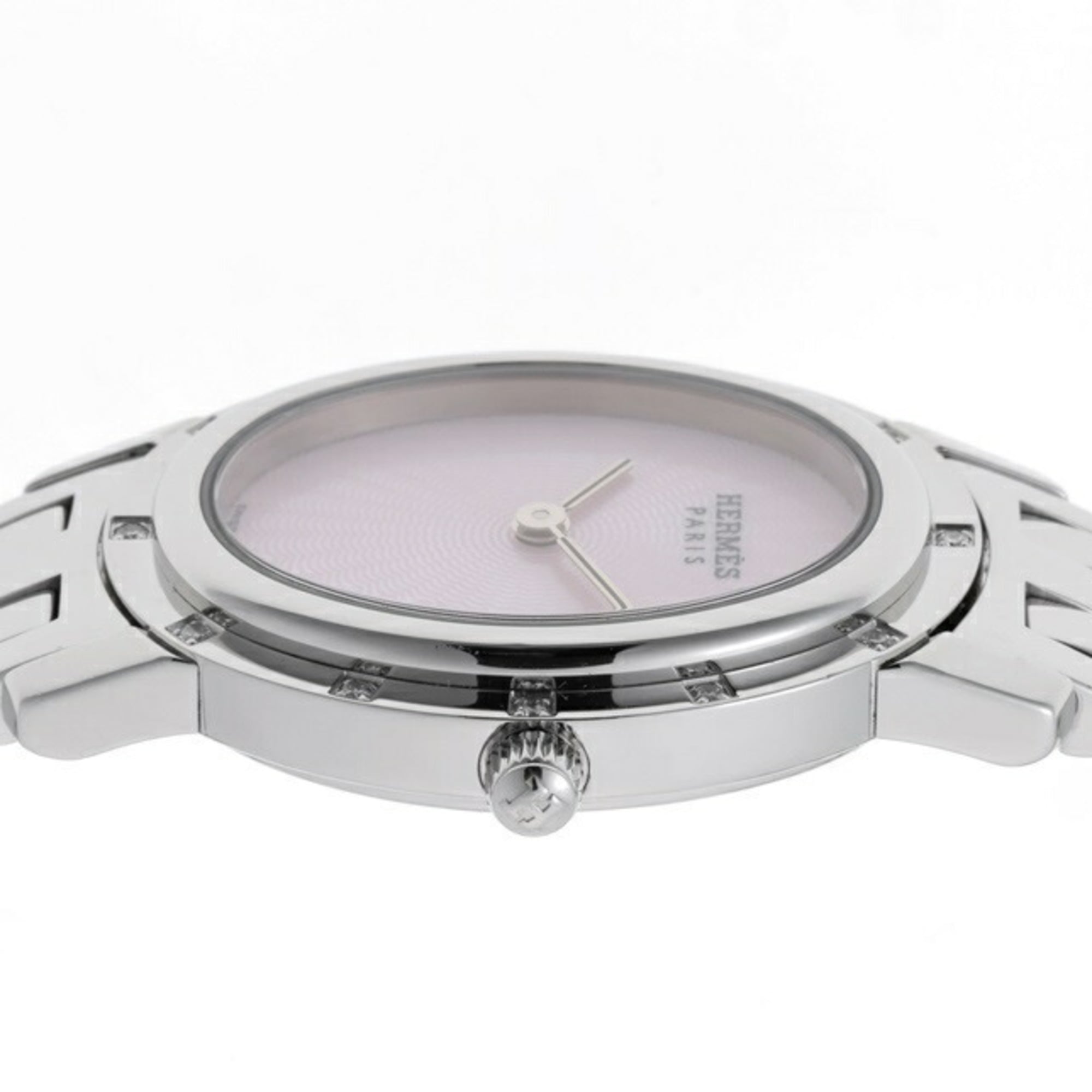 Hermès Clipper Ovale en nacre CO1.230, 12 pierres, lunette sertie de diamants, boîtier Rose mouvement Quartz