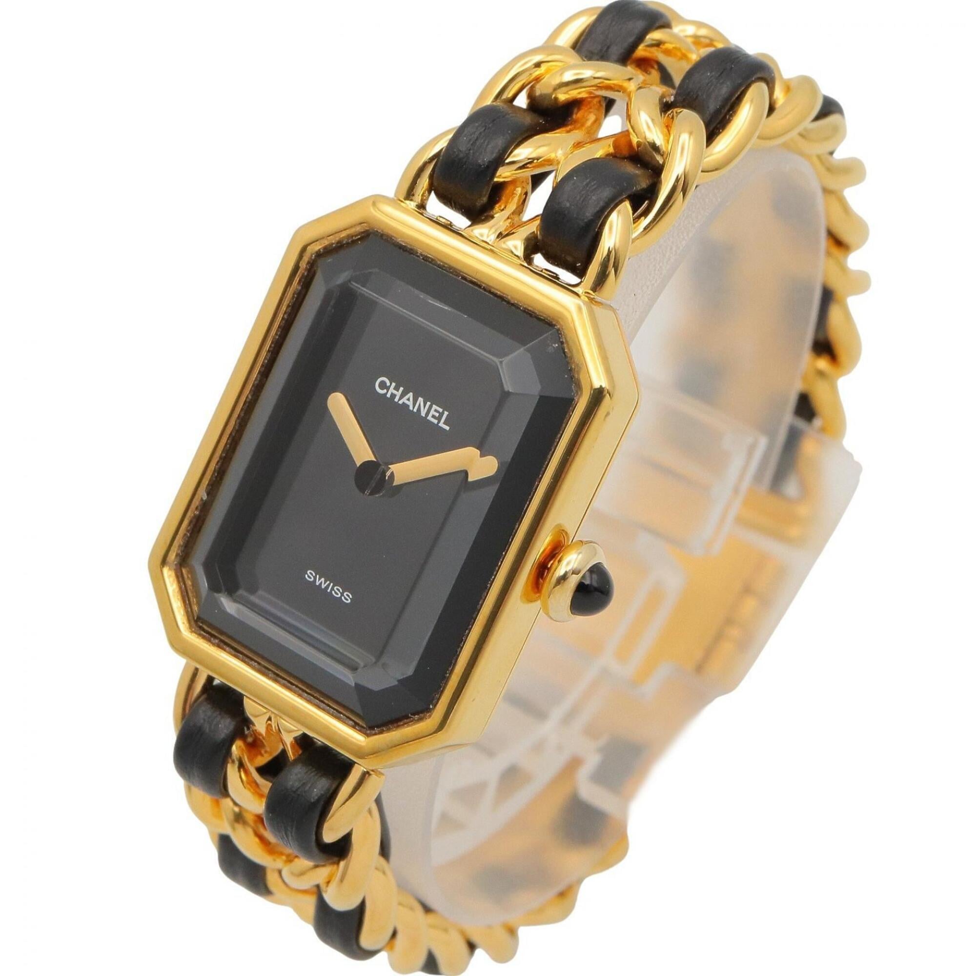 Chanel CHANEL Première S Watch, Gold Plated (GP), Leather Strap, Women's, Black, H0001