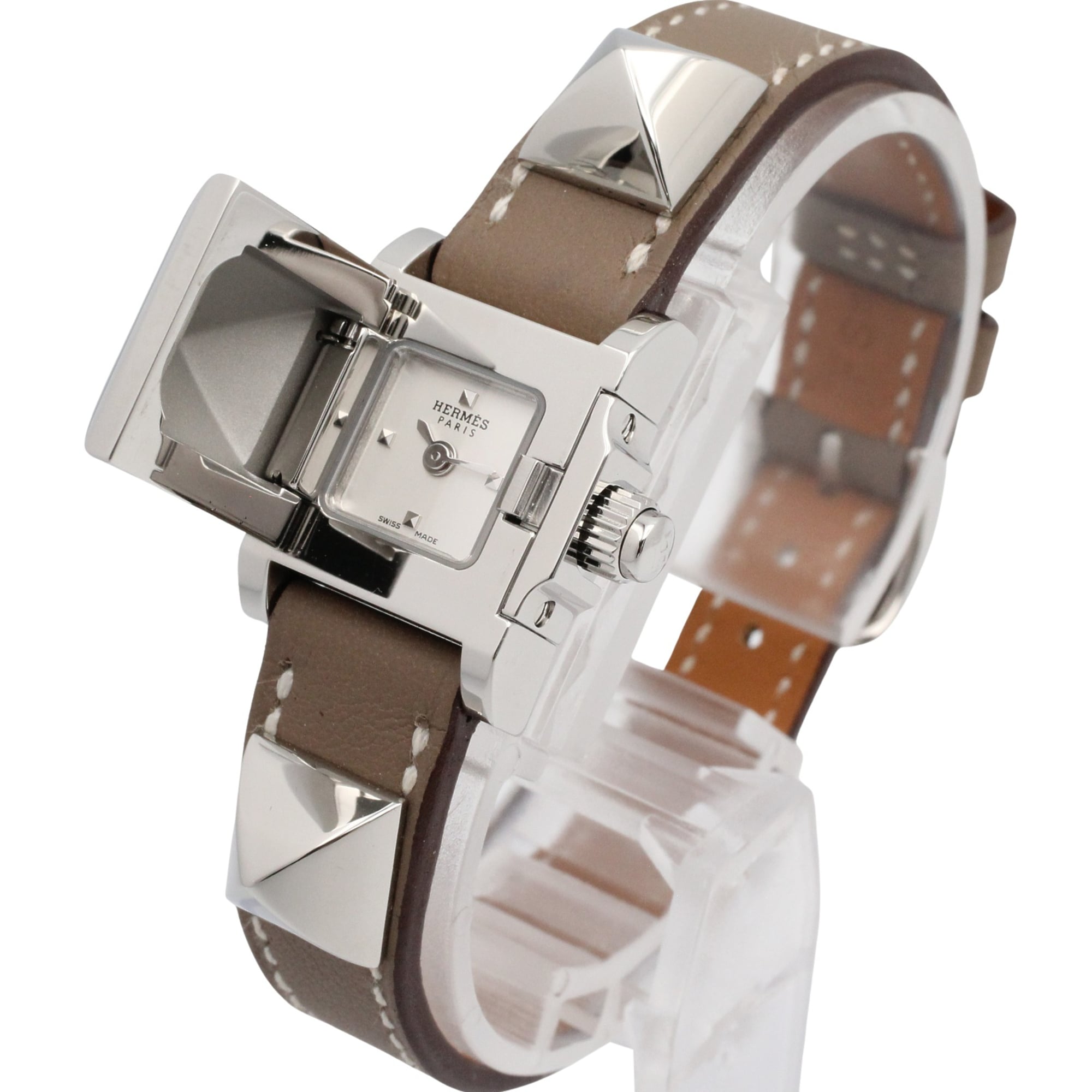 Hermes Mini Medor Stainless Steel Leather Strap Wo Silver Tone ME2.110