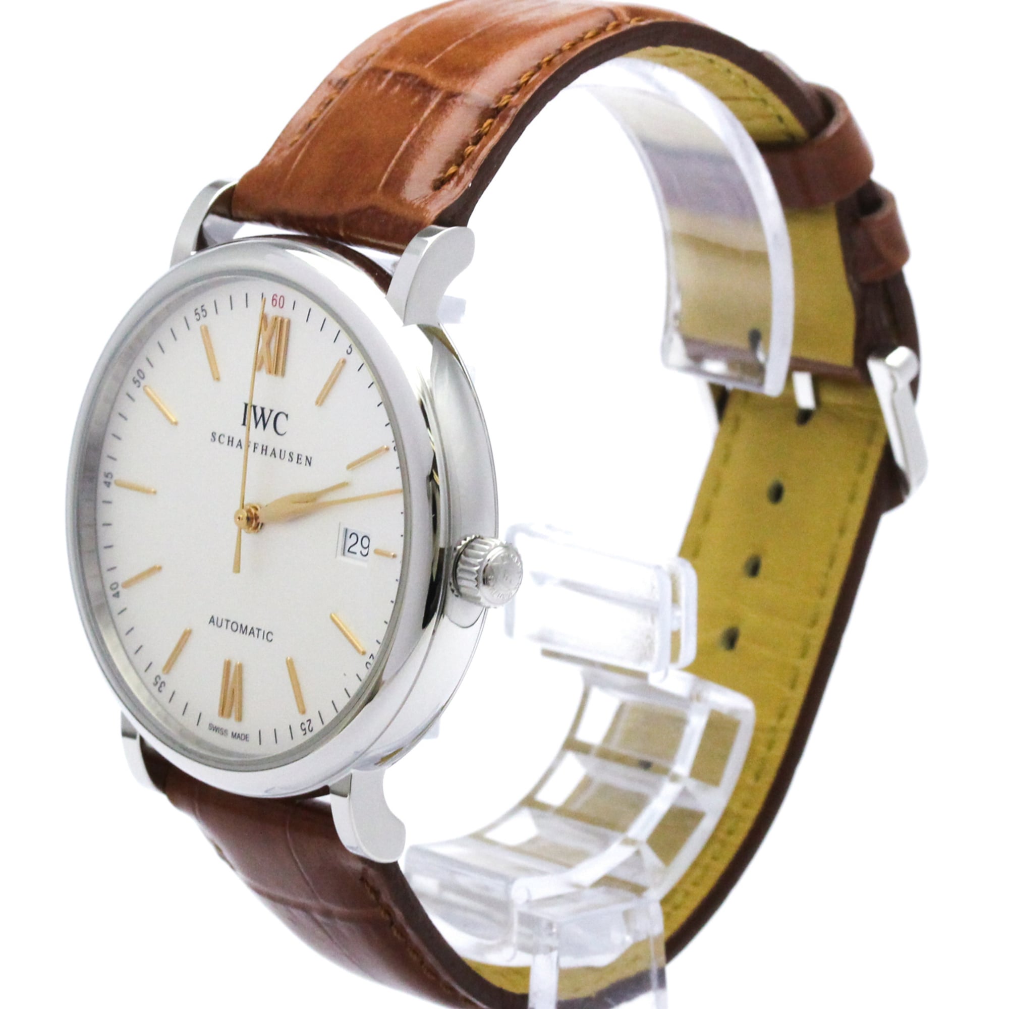 IWC Portofino Steel Leather Automatic Mens Watch IW356517 Polished