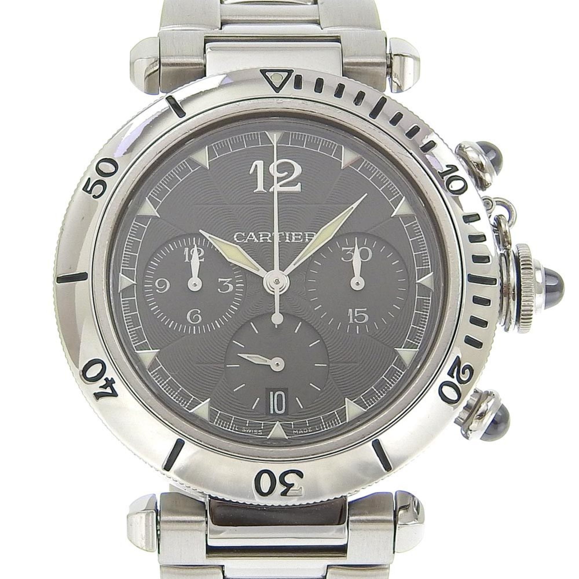 Cartier Pasha Men's Watch, Caliber 205, W3107355, Stainless Steel, Automatic Chronograph, Gray Dial, See-Through Back