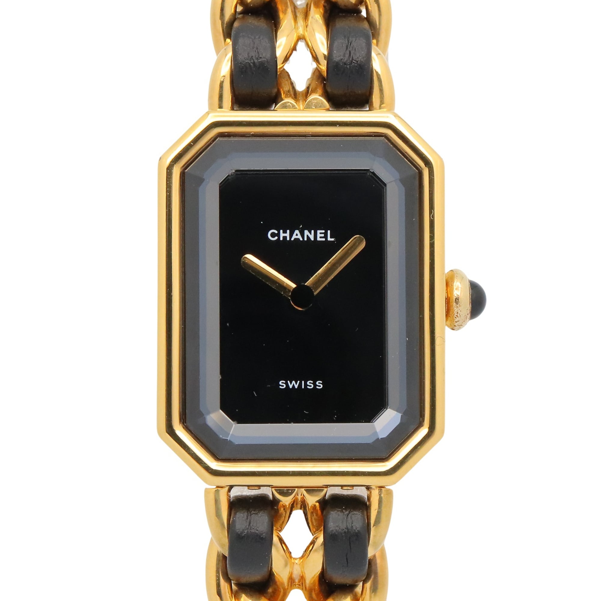 Chanel CHANEL Première L Watch, Gold Plated (GP), Leather Strap, Women's, Black, H0001