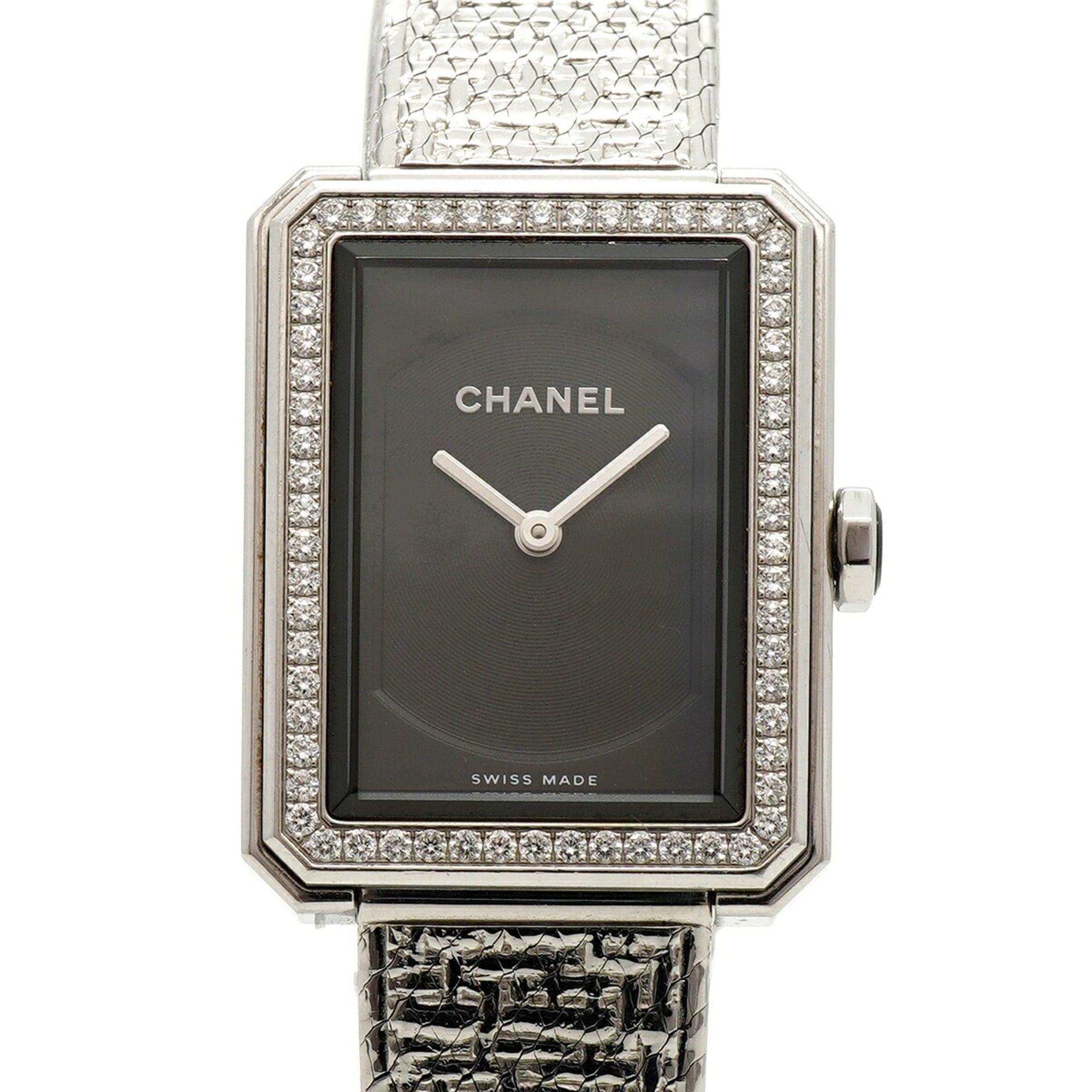 Chanel Boyfriend Tweed mit Diamantlünette H4877 Schwarz Zifferblatt 21 mm Uhr