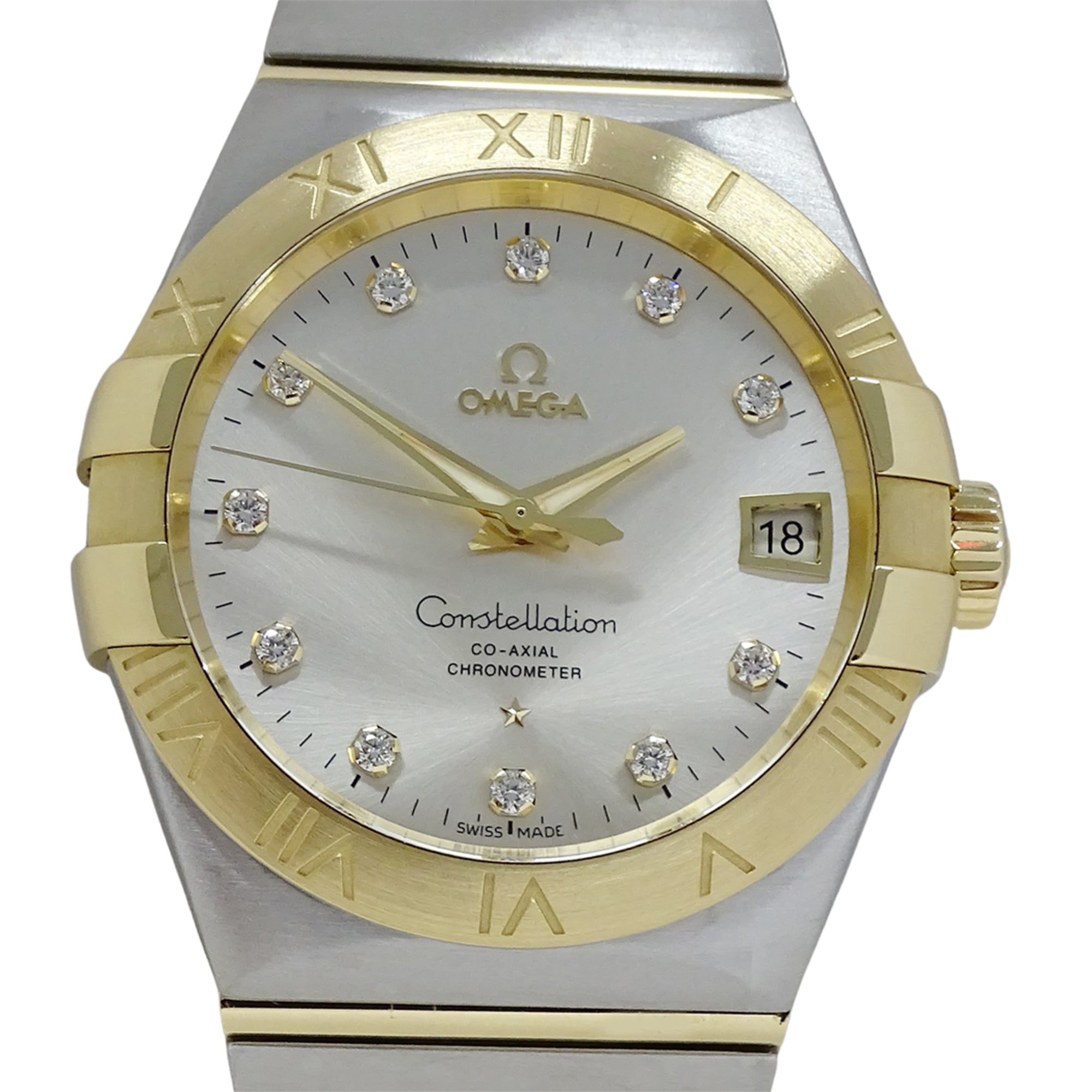 Omega Constellation 123.20.38.21.52.002 Brand Name 11P Diamonds Co-Axial Movement Date Automatic Stainless Steel (SS) and Gold (YG) Combination.
