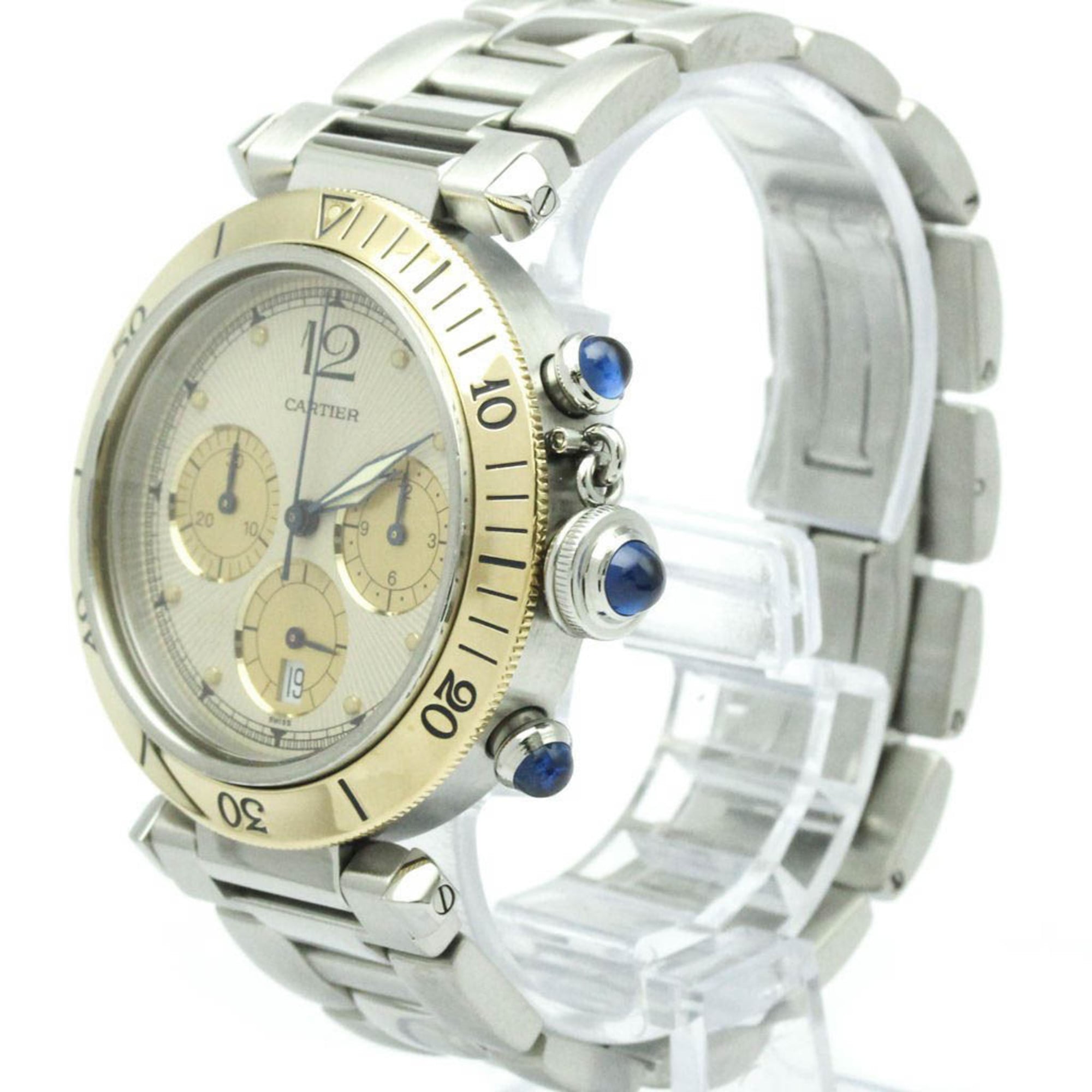 CARTIER Pasha 38 Chronograph 18K Gold Steel Watch W31011H3 Polished