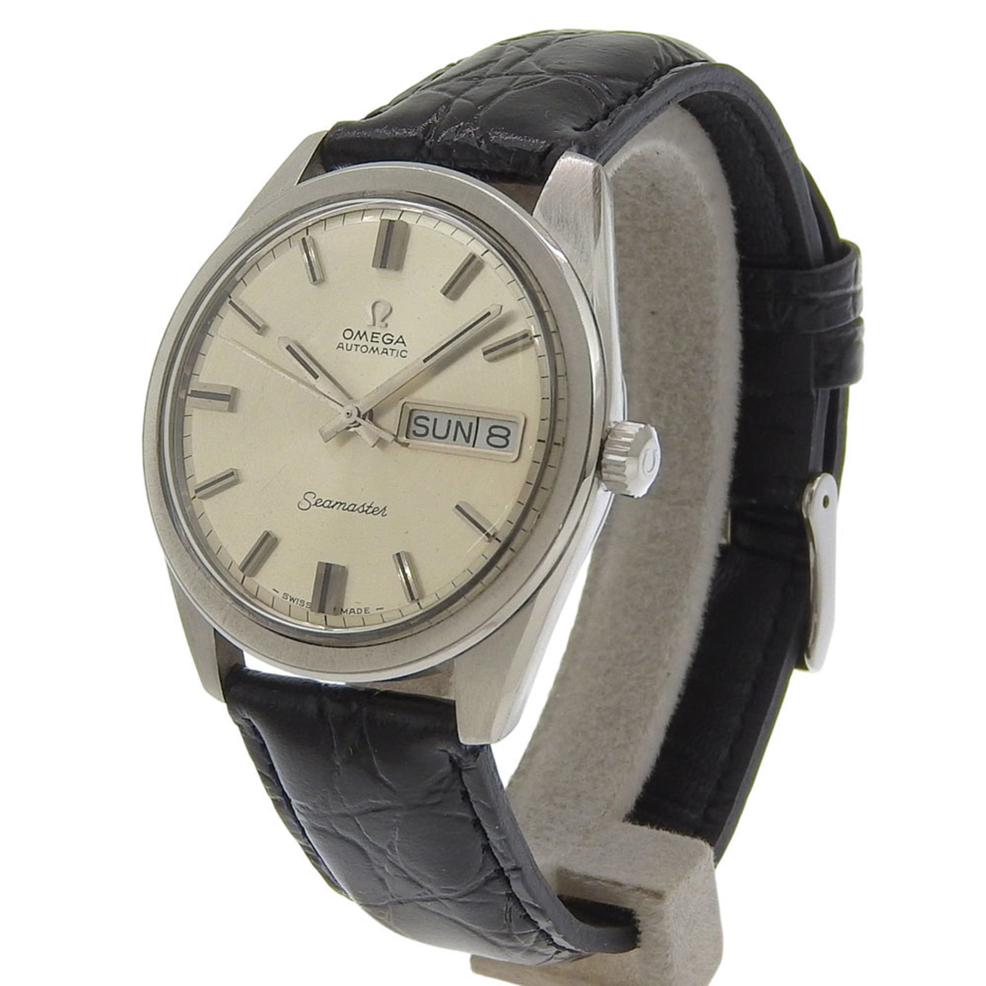 Omega Seamaster Day Date watch, cal. 752, stainless steel with embossed leather strap, automatic movement, analog, silver dial, men's.