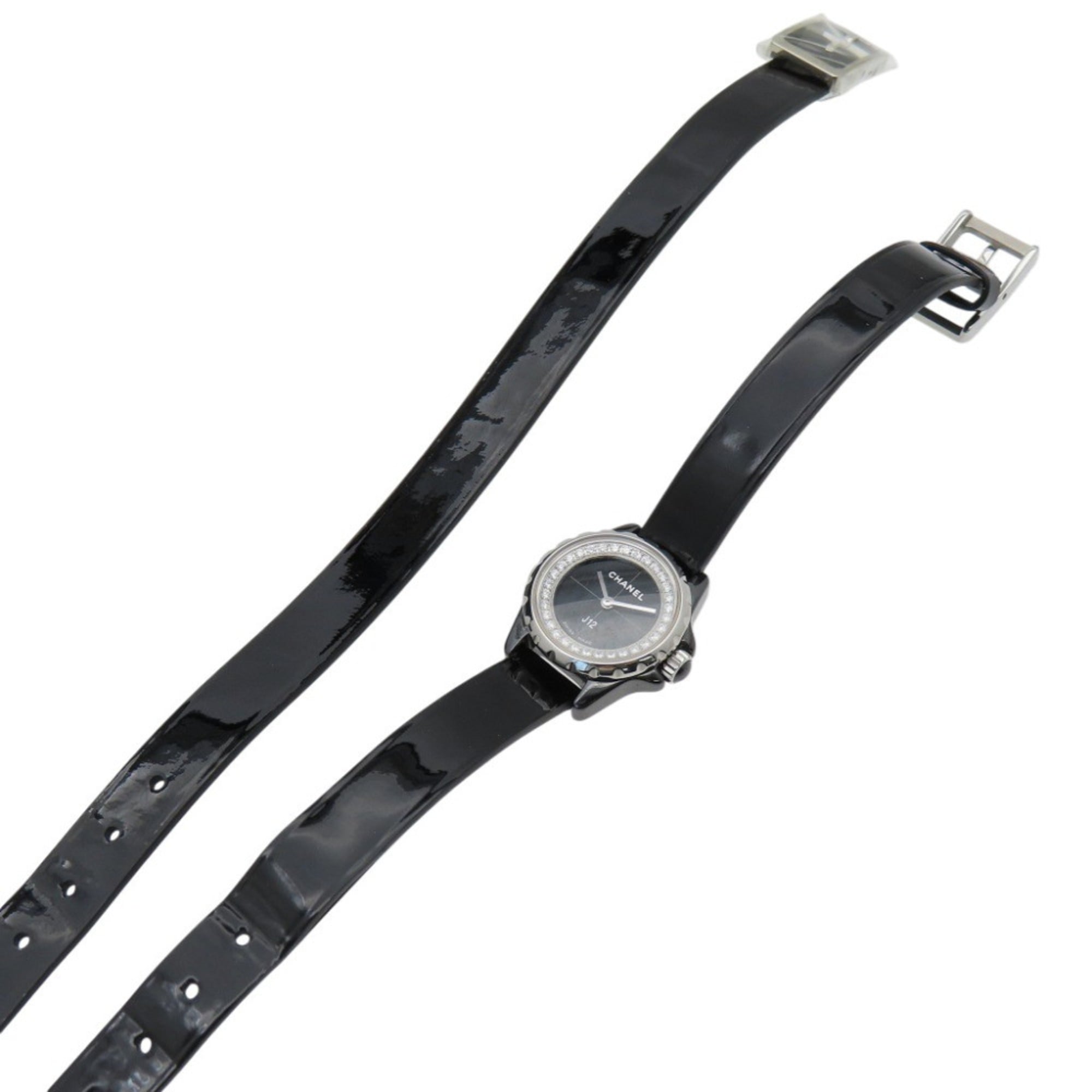 CHANEL J12 met diamanten lunette en handschoen, limited edition H4663 quartzhorloge, keramiek, diamant, lakleer, roestvrij staal, zwarte wijzerplaat, 0199CHANEL dameshorloge