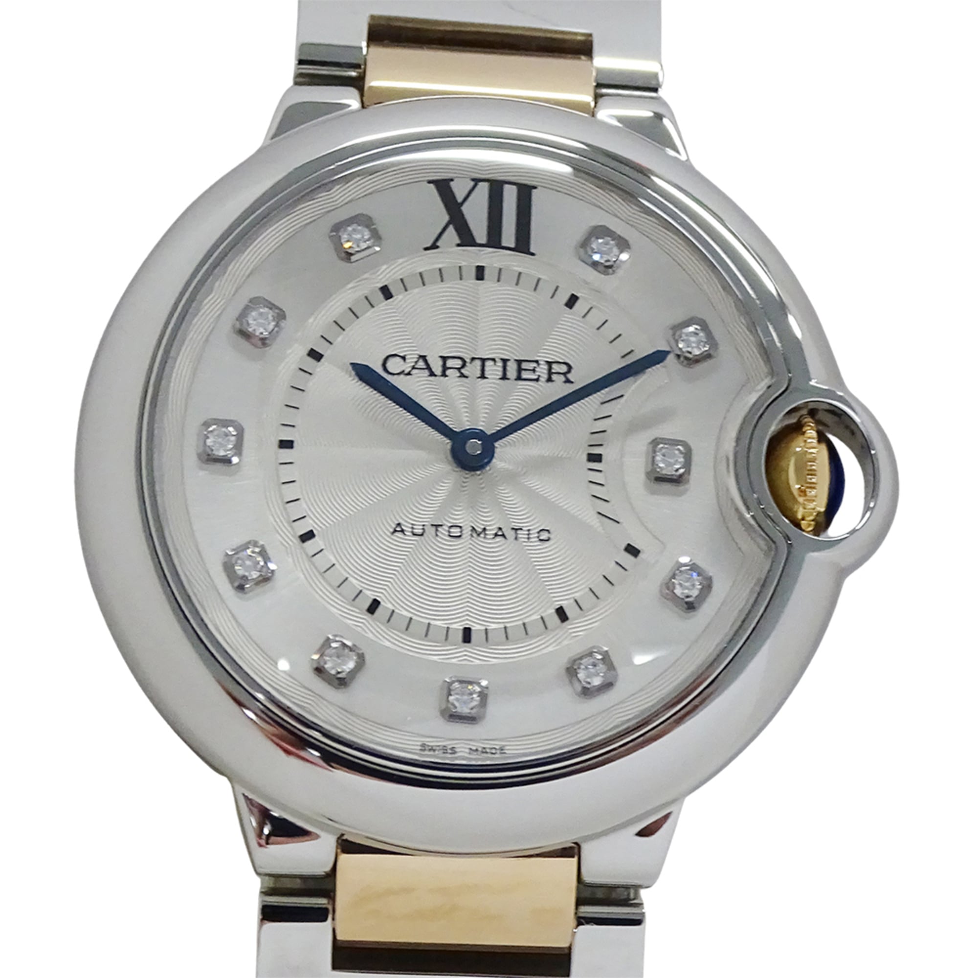 Cartier Ballon Bleu automatic watch for boys, 11 diamonds, stainless steel (SS) and pink gold (PG), model number WE902031.