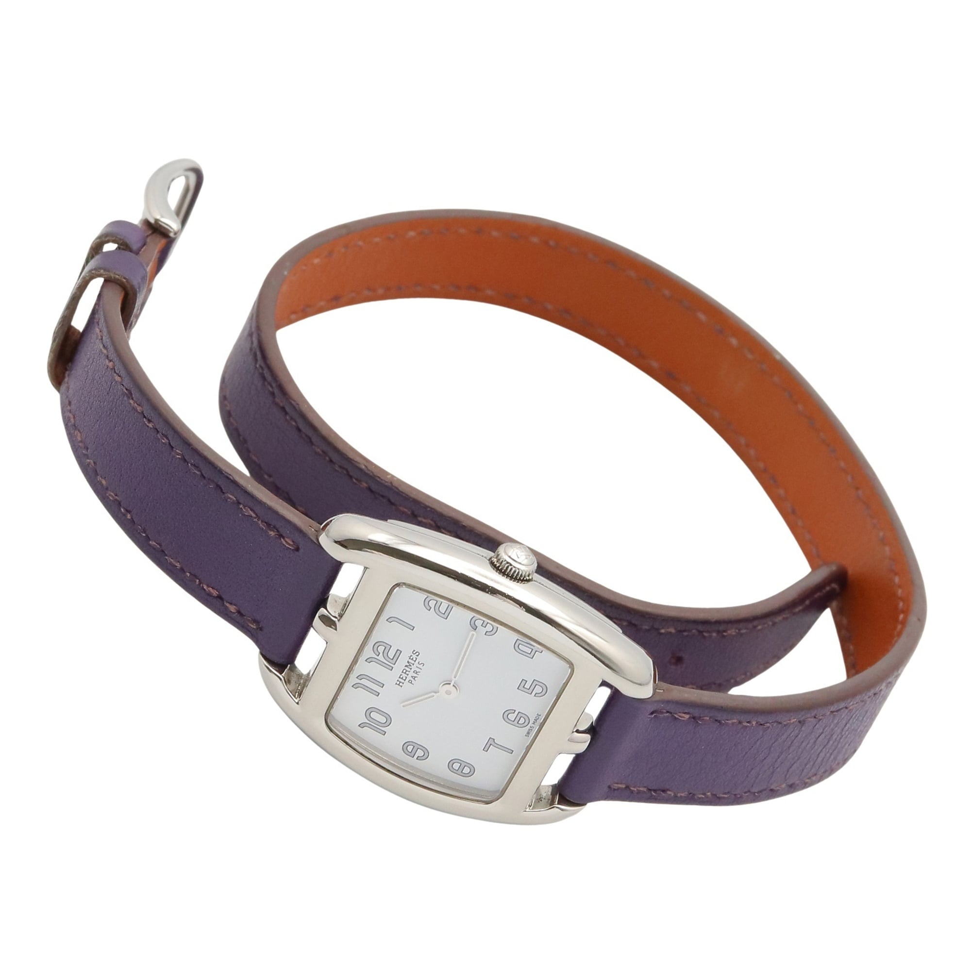 Montre Hermès Cape Cod Tonneau Double Tour, acier inoxydable, bracelet en cuir, pour femme, Blanc (CT1.210)