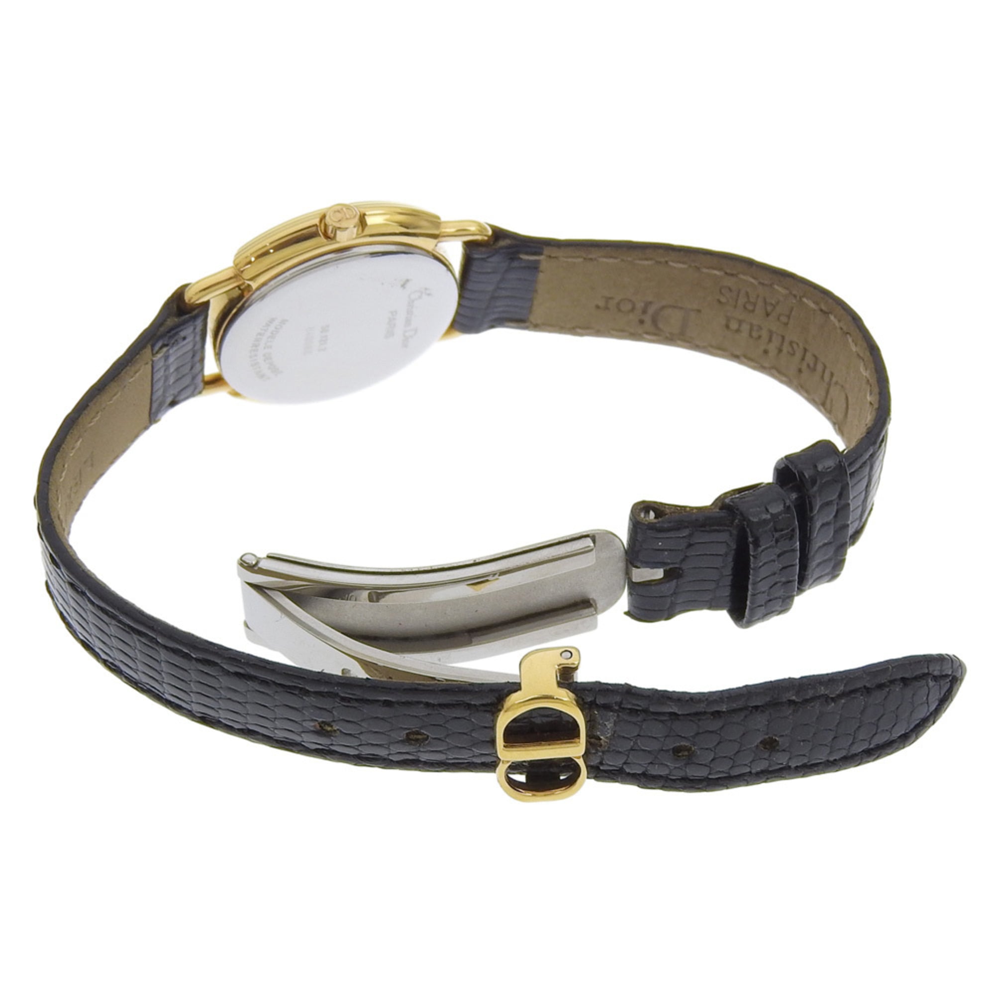 Montre Christian Dior, modèle 58.121.2, bracelet en cuir plaqué or, Quartz doré, affichage analogique, cadran Blanc, modèle pour femme.