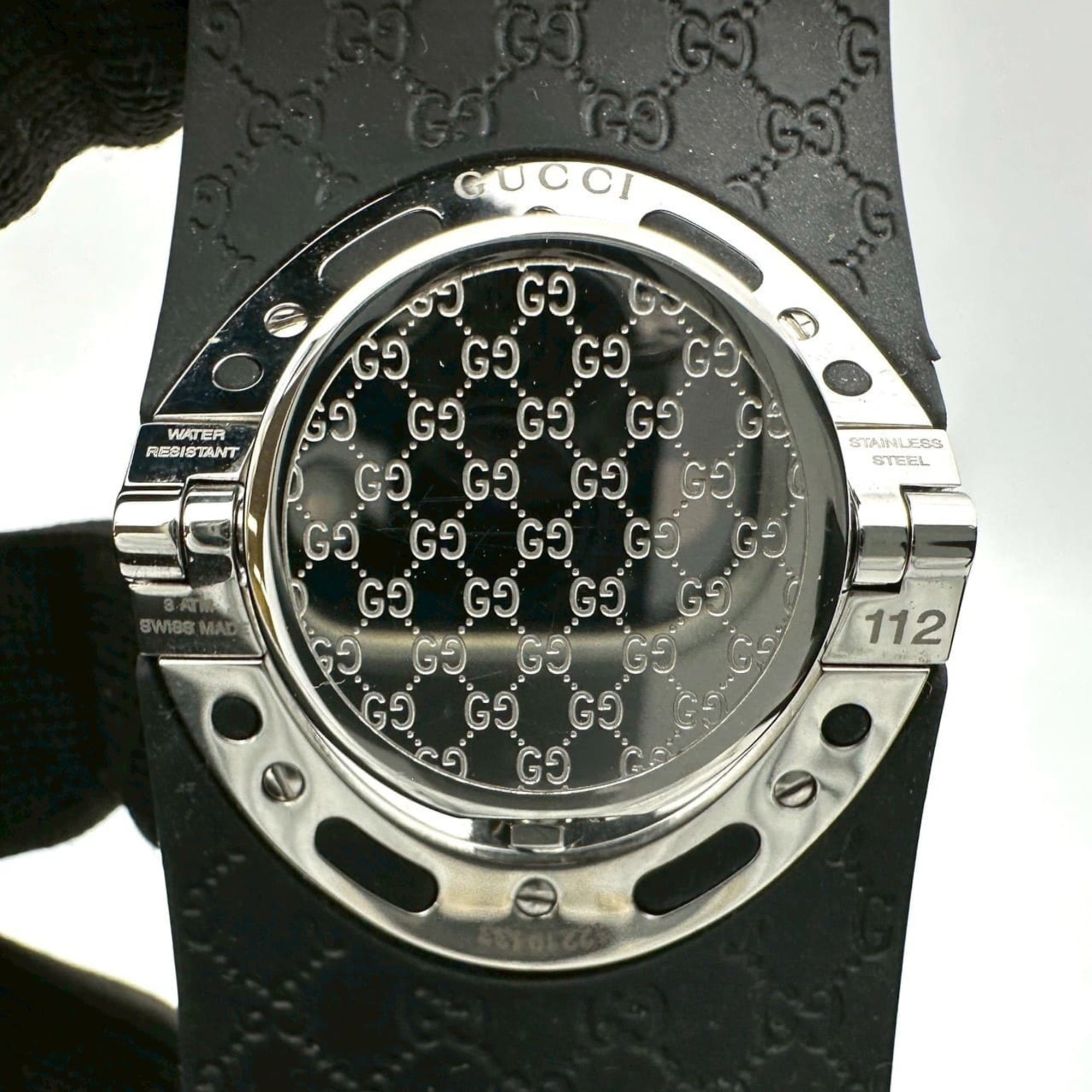 GUCCI Toile-armbandhorloge 112 GG, rubber, quartz, zwart, dames