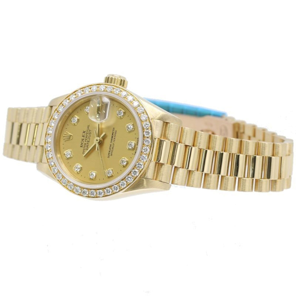 Montre Rolex Datejust avec lunette sertie de 10 diamants, référence 69138G Champagne, cadran de 26 mm