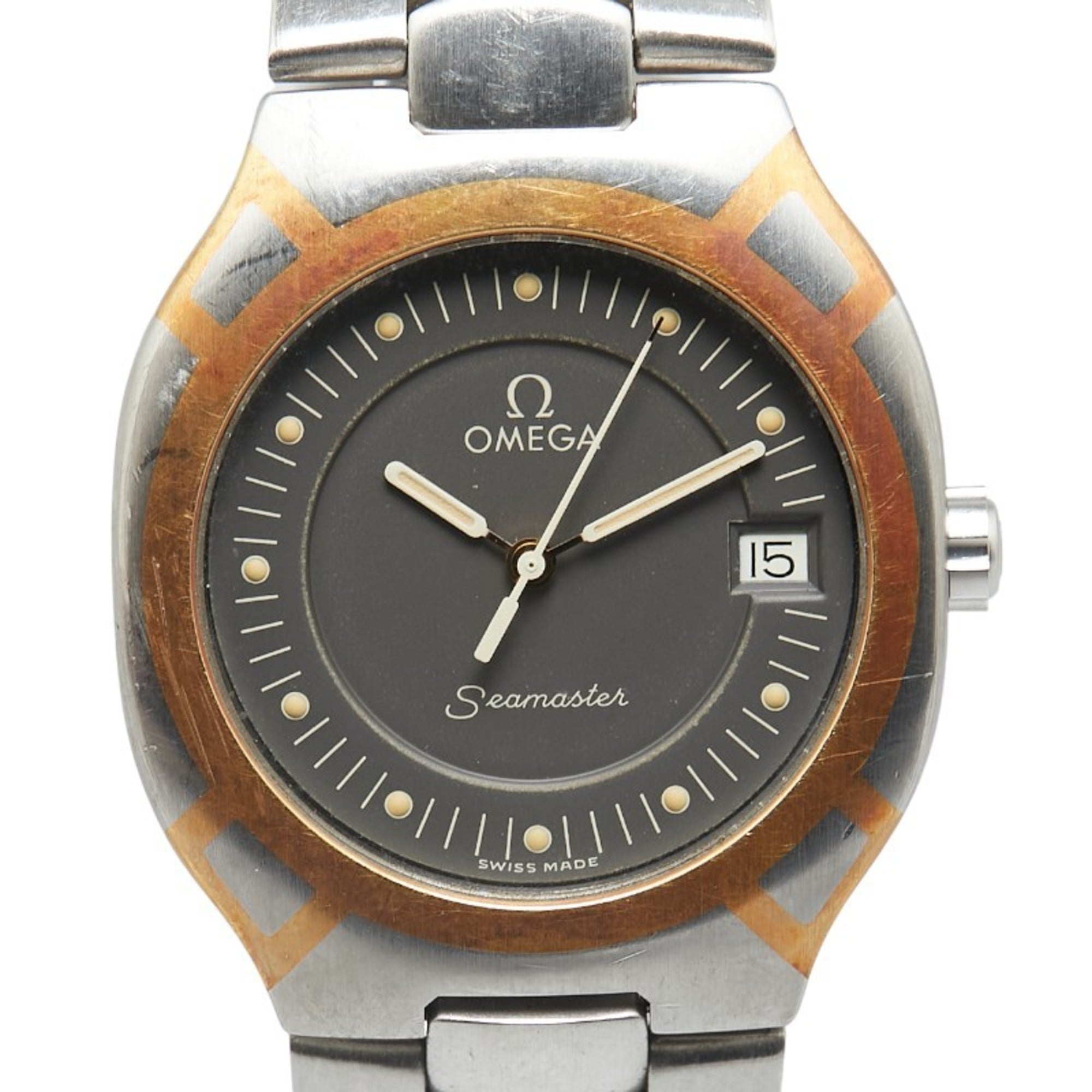 Omega Seamaster watch with silver and bronze design on a white background
