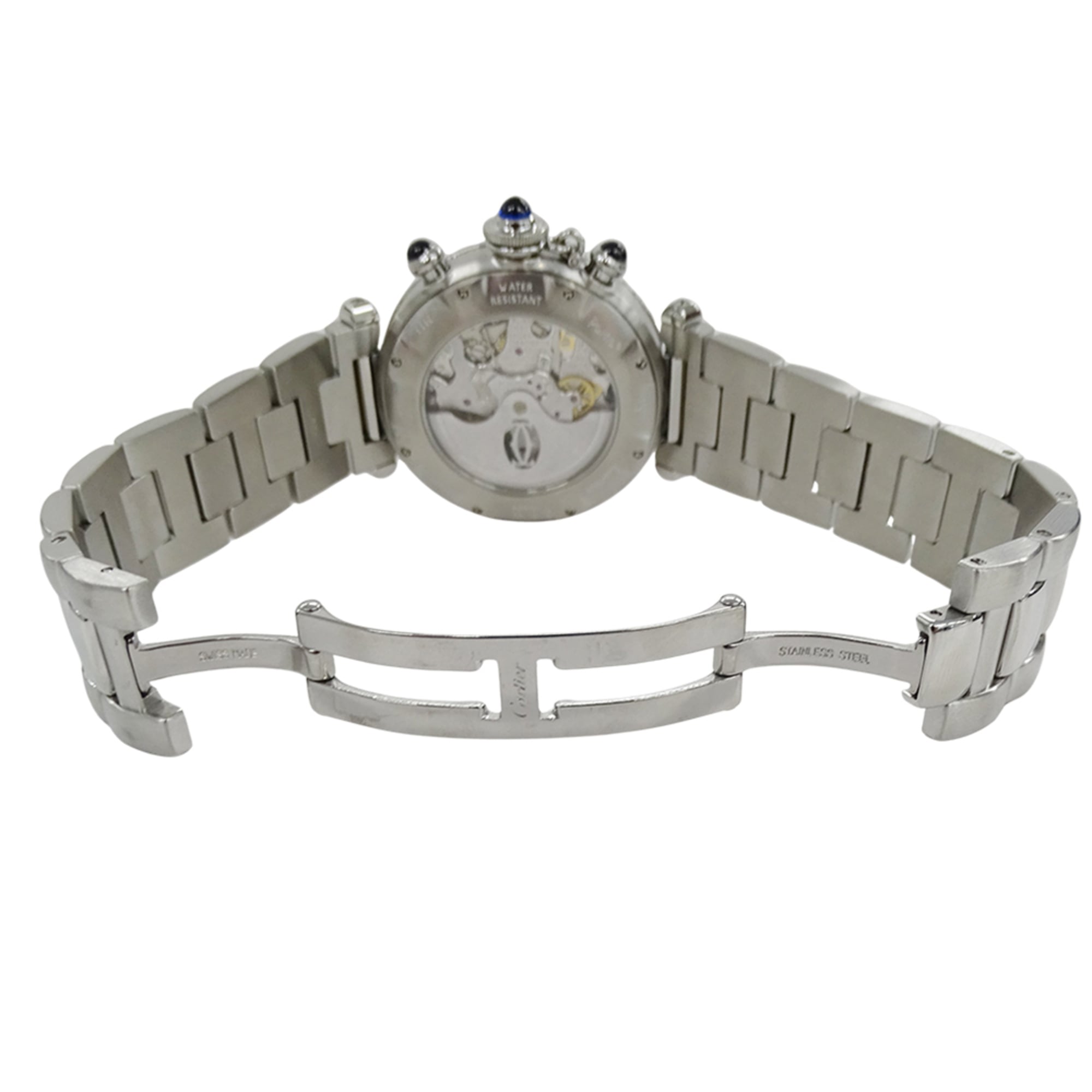Cartier Pasha Chronograph automatisch herenhorloge, roestvrij staal (SS) W31030H3, zilverkleurig, met open achterkant.