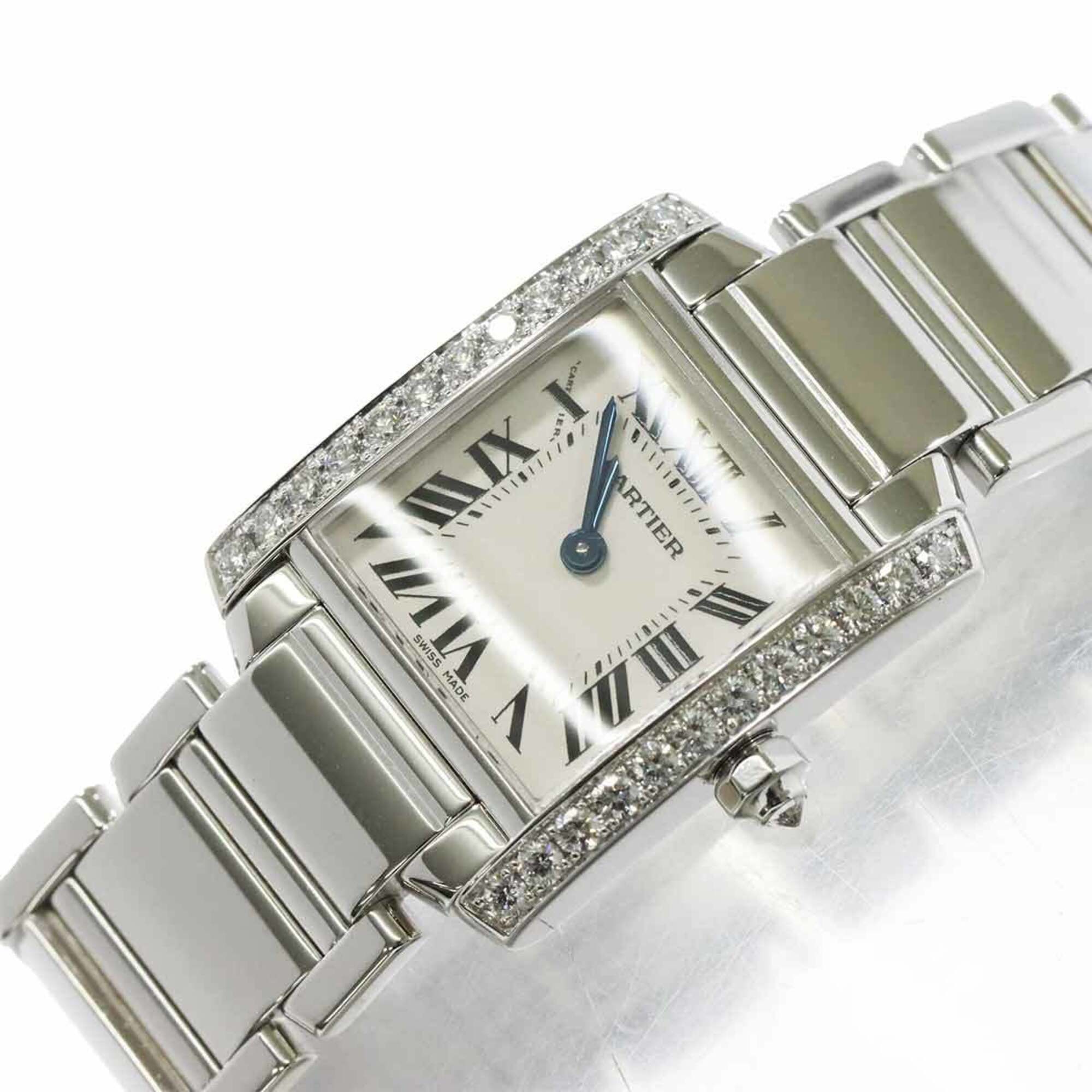 Cartier Tank Française SM WE1002S3 dameshorloge, diamanten lunette, ivoorkleurig, 18-karaats witgoud, quartz.