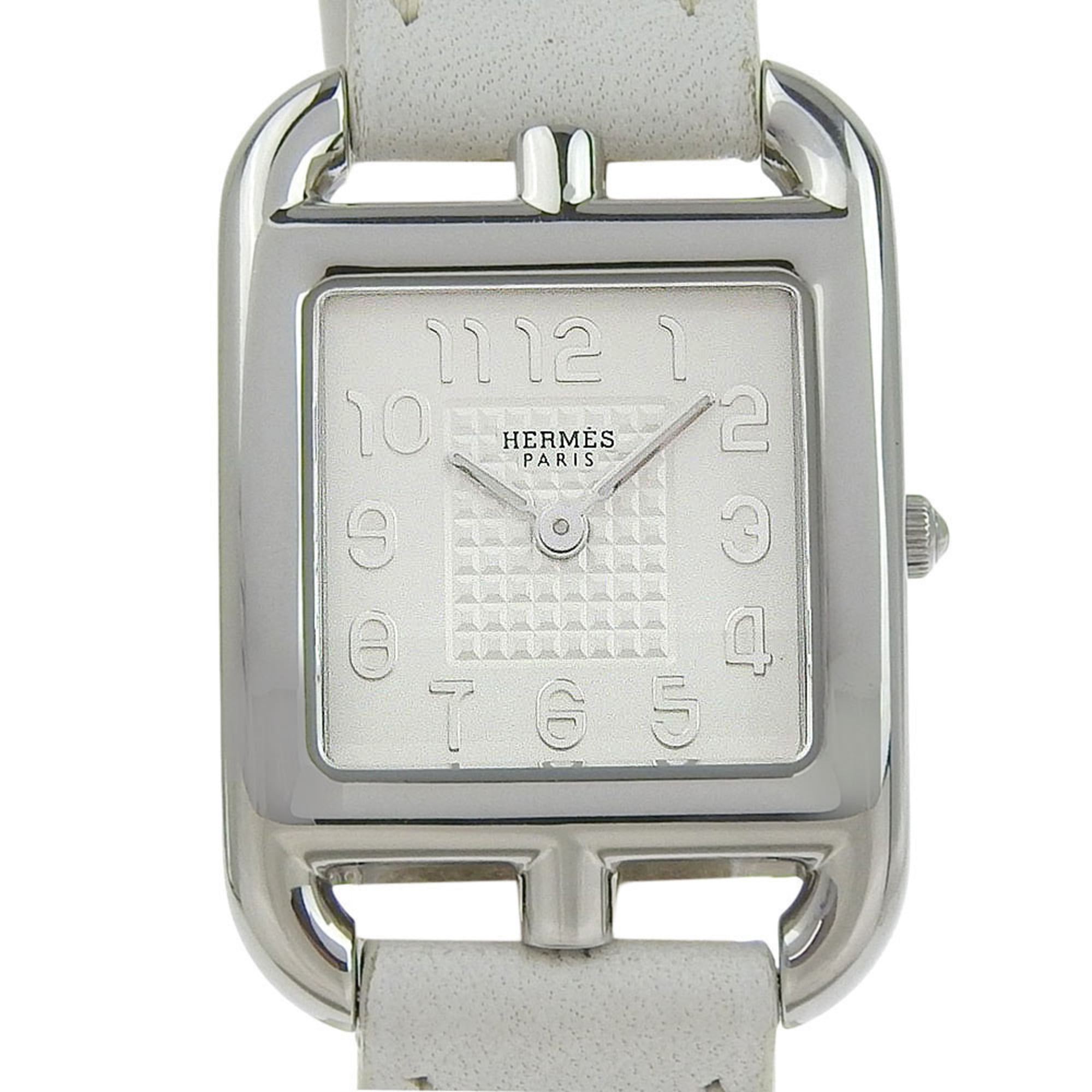 Like new Hermès Cape Cod CC1 210, □R stamped, white dial, stainless steel/leather, 33mm x 23mm, quartz movement, women's watch