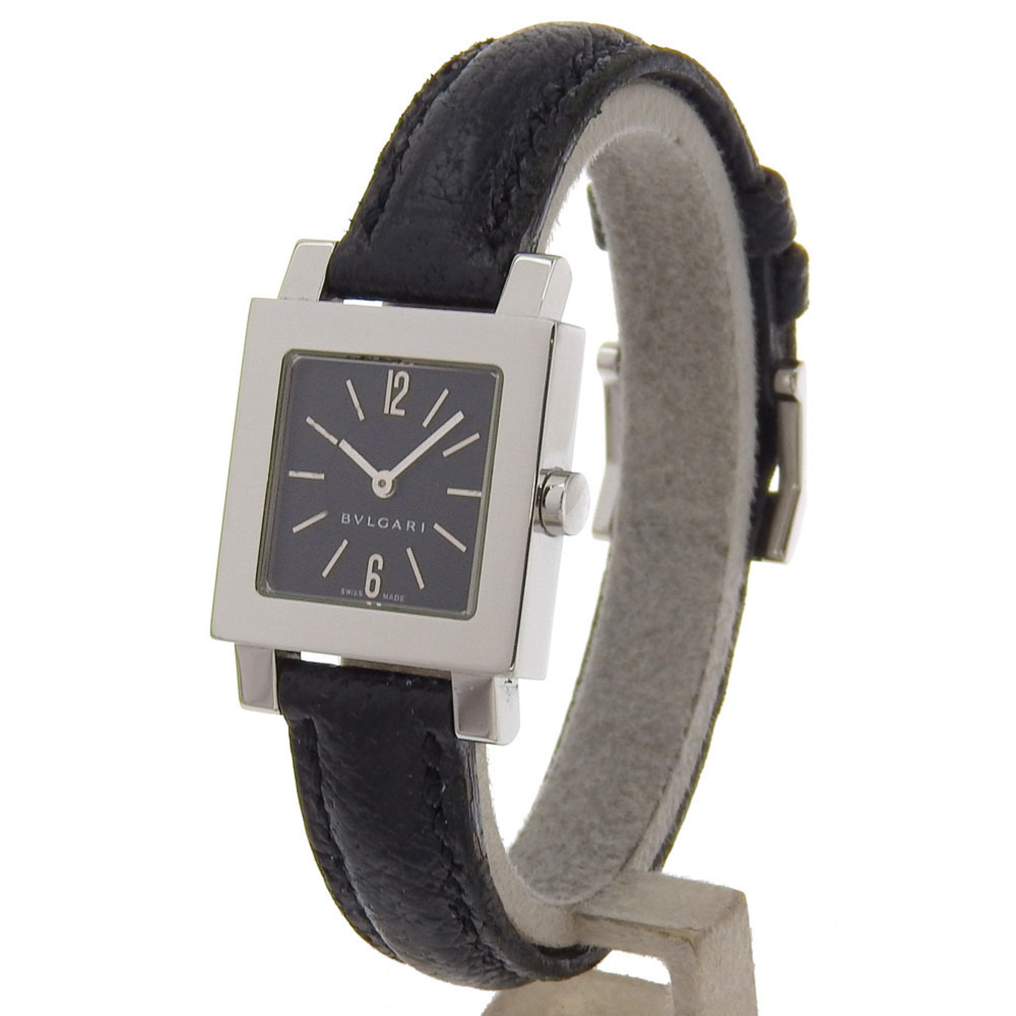 Bvlgari Quadrato SQ22SL Women's Watch, Stainless Steel with Embossed Leather, Quartz Movement, Analog Display, Black Dial