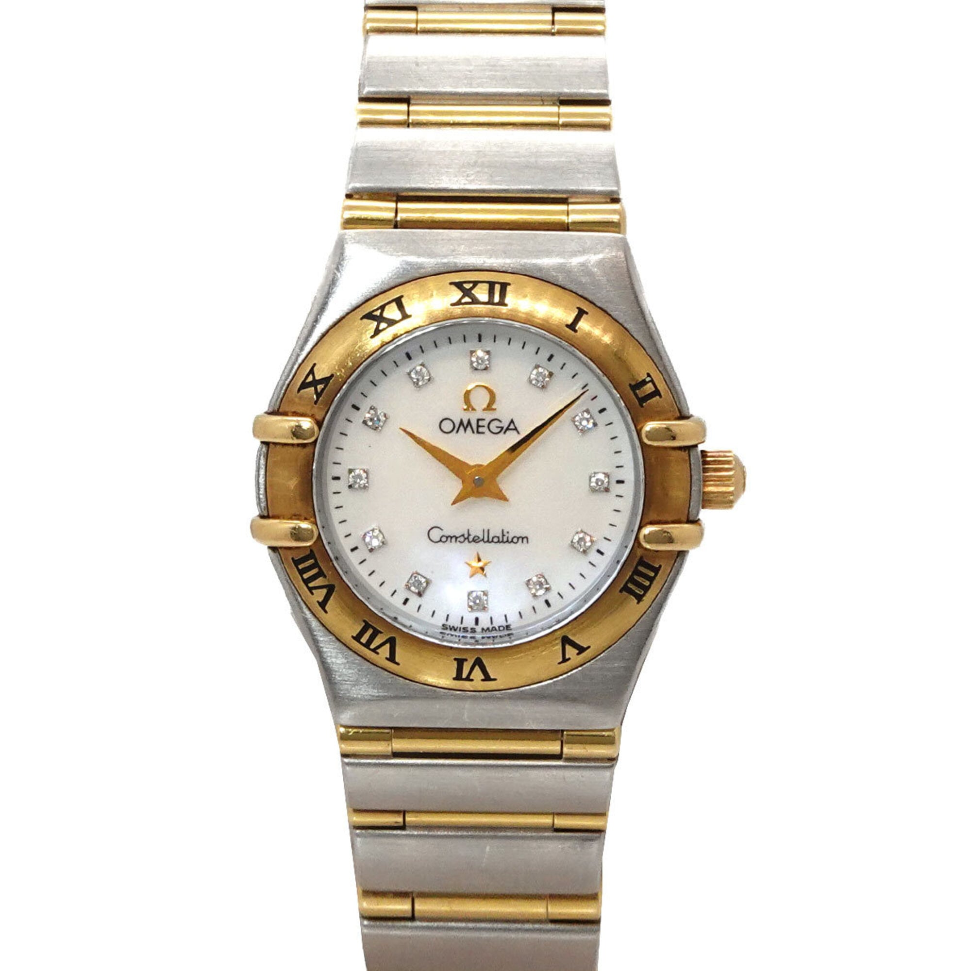 Omega Constellation Mini Combination 1262 75 Ladies' with 12 Diamonds White Shell Yellow Gold Quartz Movement