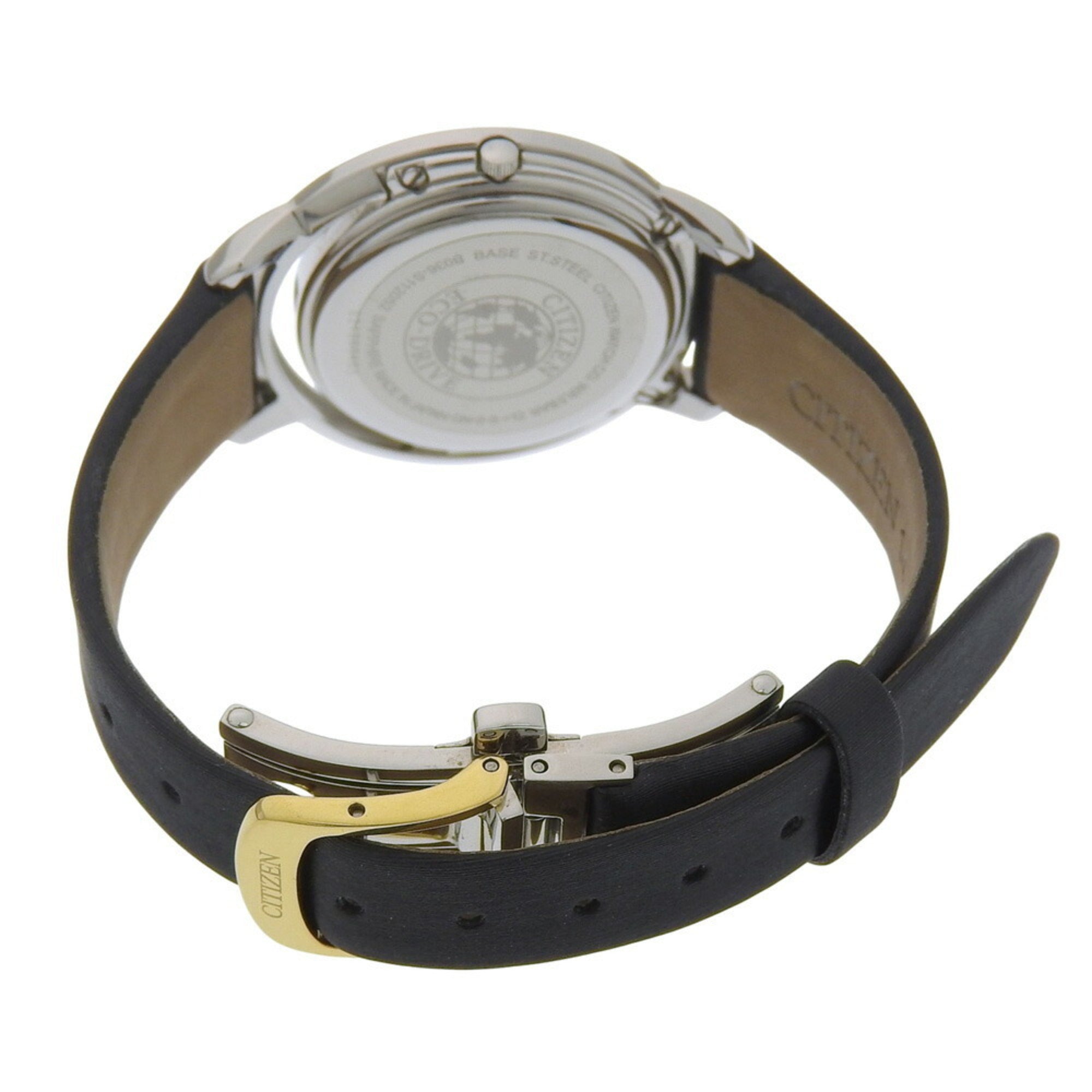 Citizen B036 S112052 Damenuhr, Schwarz Zifferblatt, 3 Zeiger, 5 Diamanten, Edelstahl, Lederarmband, Eco-Drive, ca. 32 mm