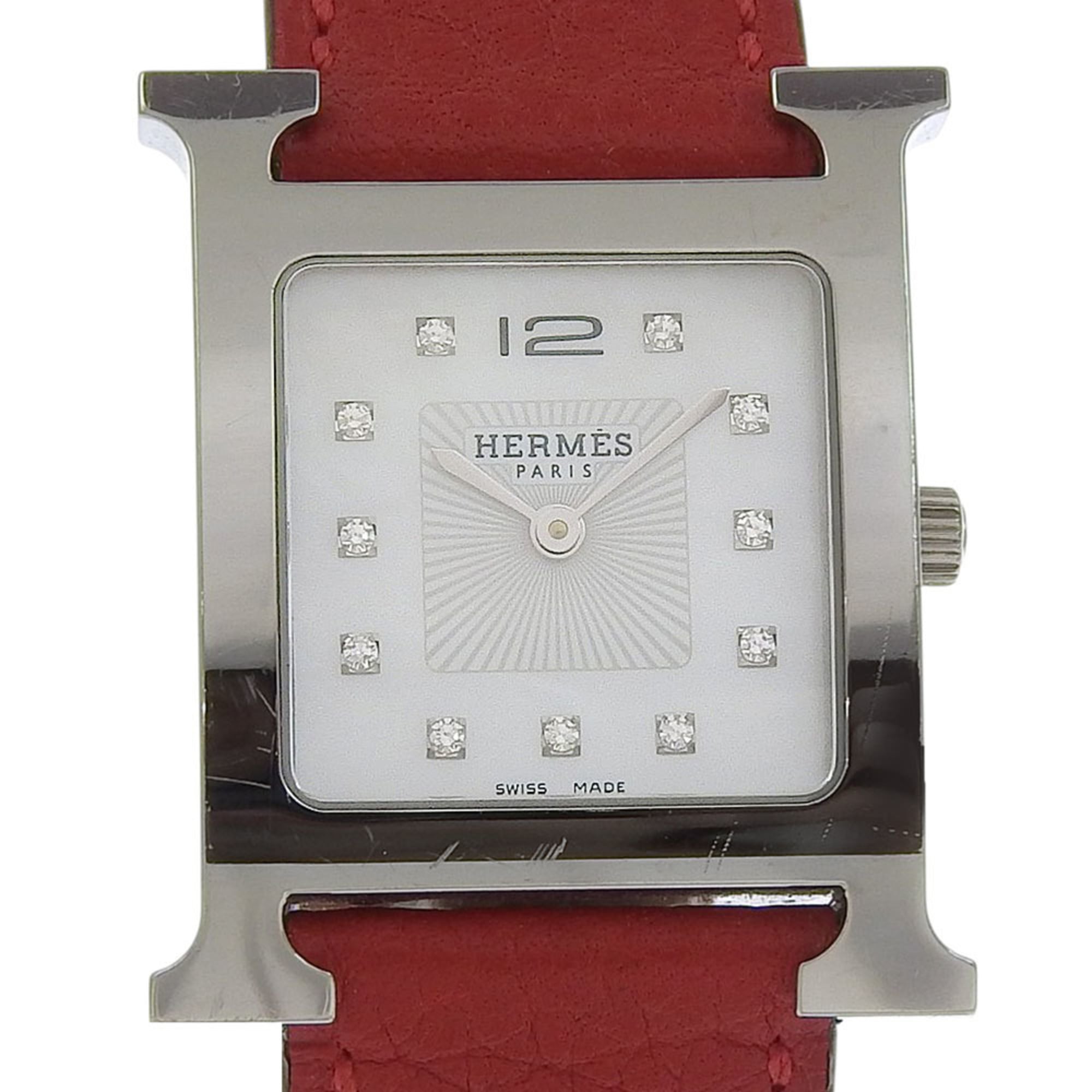 Hermès H Watch, 11-Diamond, HH1.510, Stainless Steel and Leather, 2014, Quartz Movement, Analog Display, White Shell Dial, Heure Watch for Women