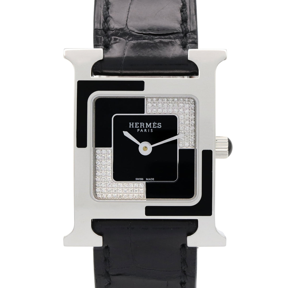 Hermes H- O Carre Small Diamond HH4.221 Black, Silver Dial 21mm Watch