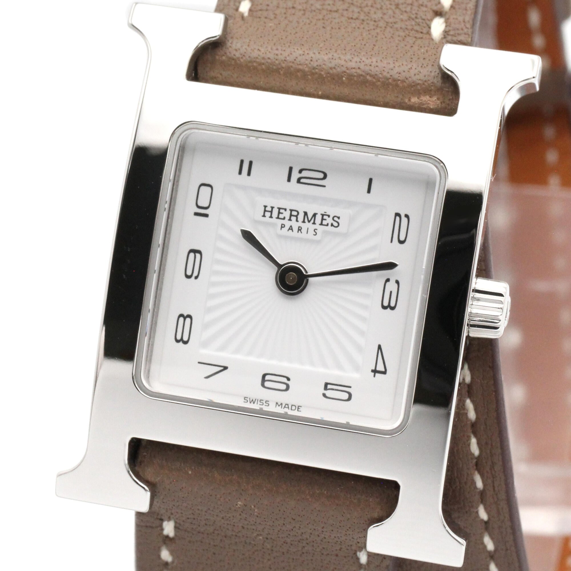 Hermes H- Double Tour Wrist Stainless Steel Leather Strap Wo White (HH1.210)